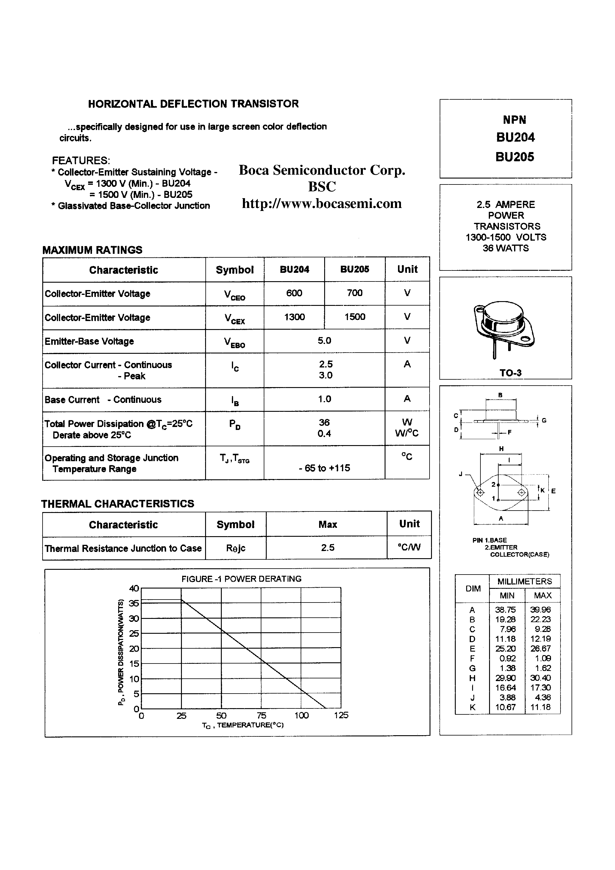 Даташит BU205 - POWER TRANSISTORS(2.5A/1300-1500V/36W) страница 1