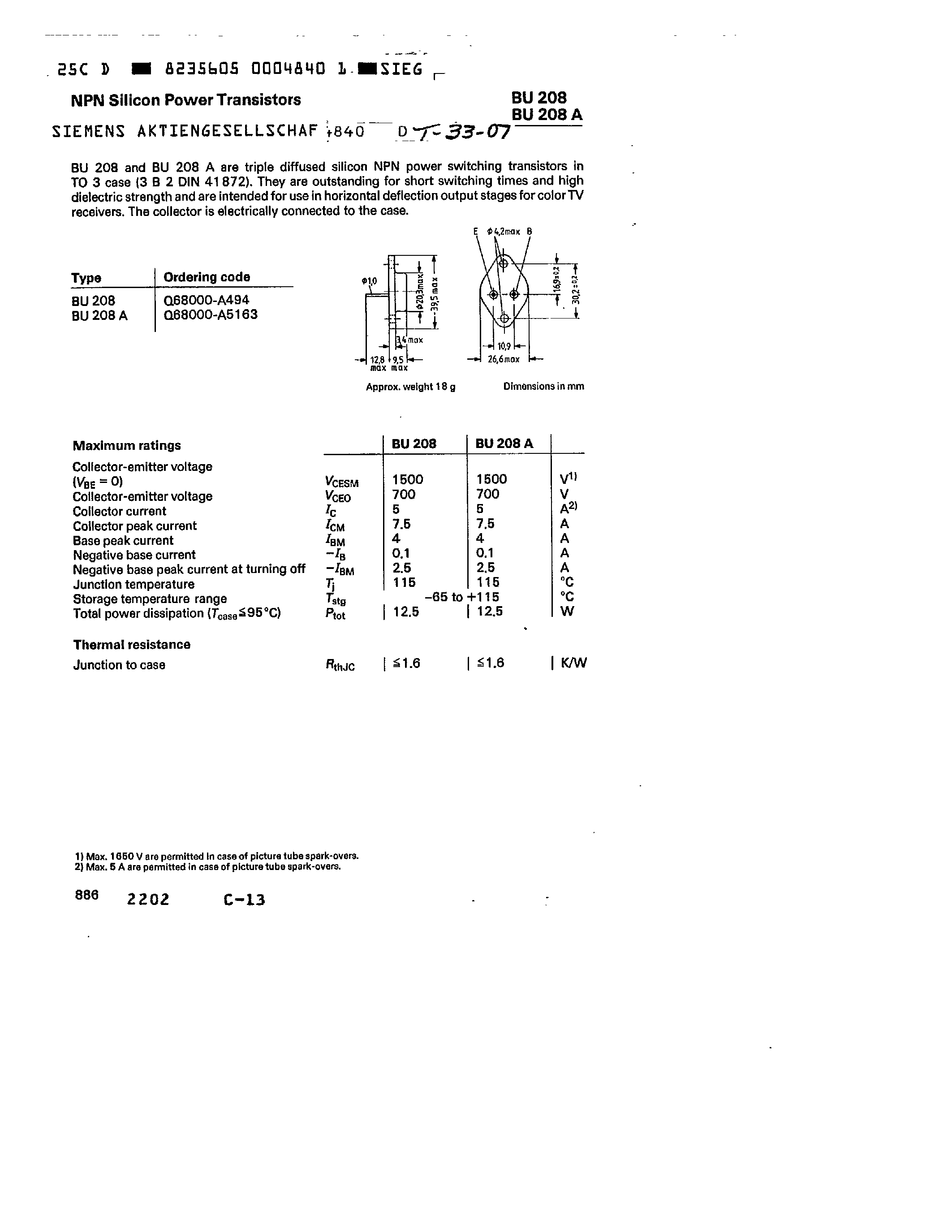 Даташит BU208 - NPN SILICON POWER TRANSISTORS страница 1