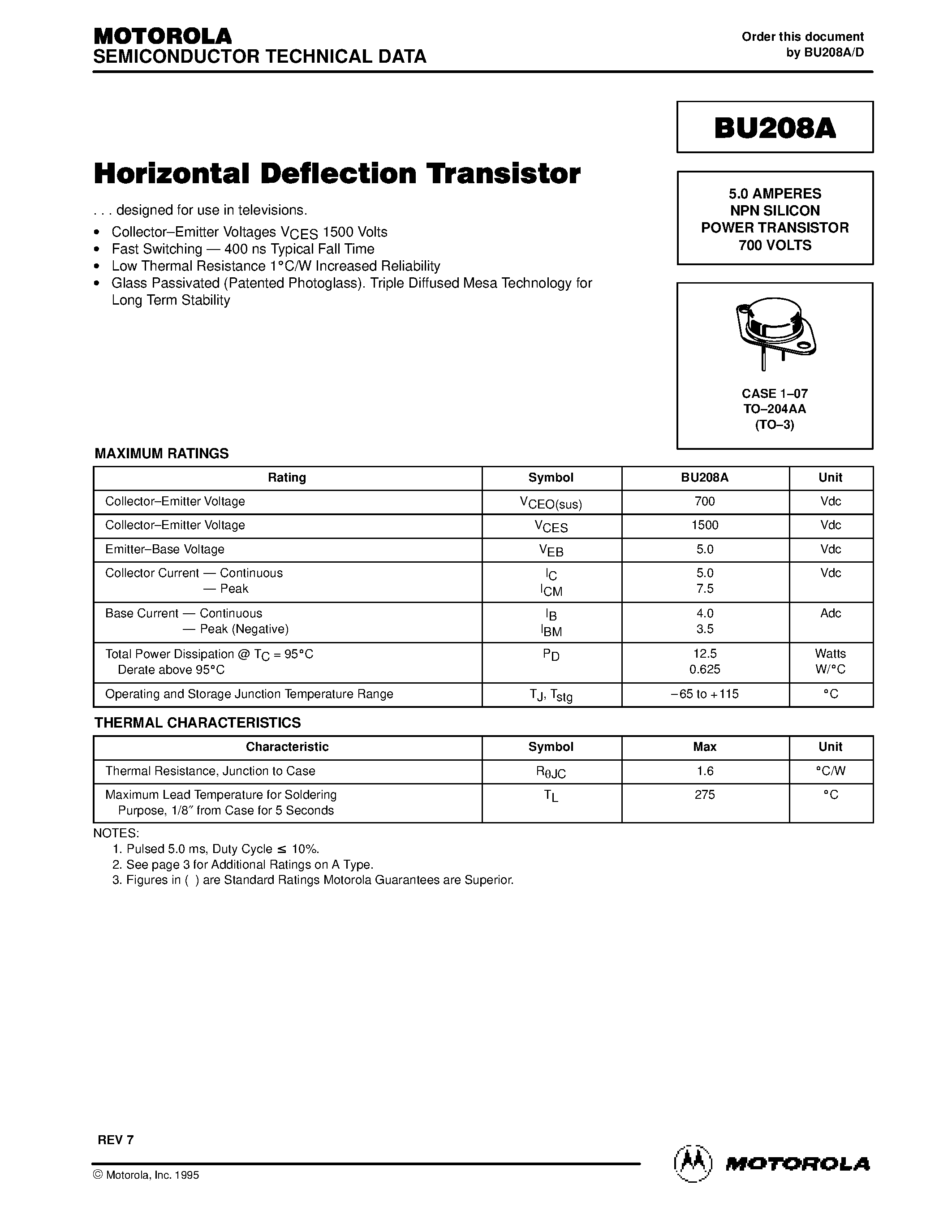 Даташит на микросхему BU208A страница 1 Даташит BU208A - 5.0 AMPERES NPN SILICON POWER TRANSISTOR 700 VOLTS страница 1