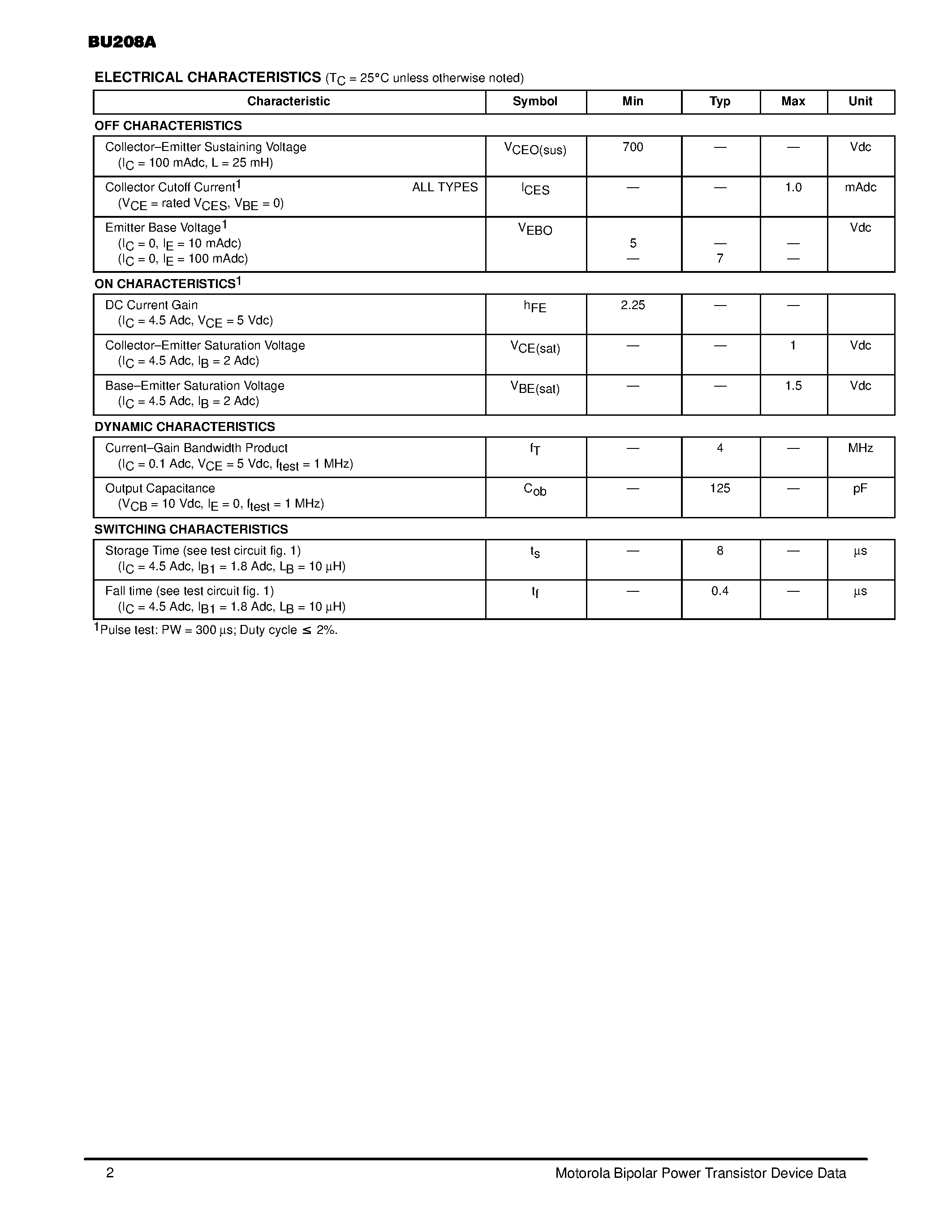Даташит на микросхему BU208A страница 2 Даташит BU208A - 5.0 AMPERES NPN SILICON POWER TRANSISTOR 700 VOLTS страница 2