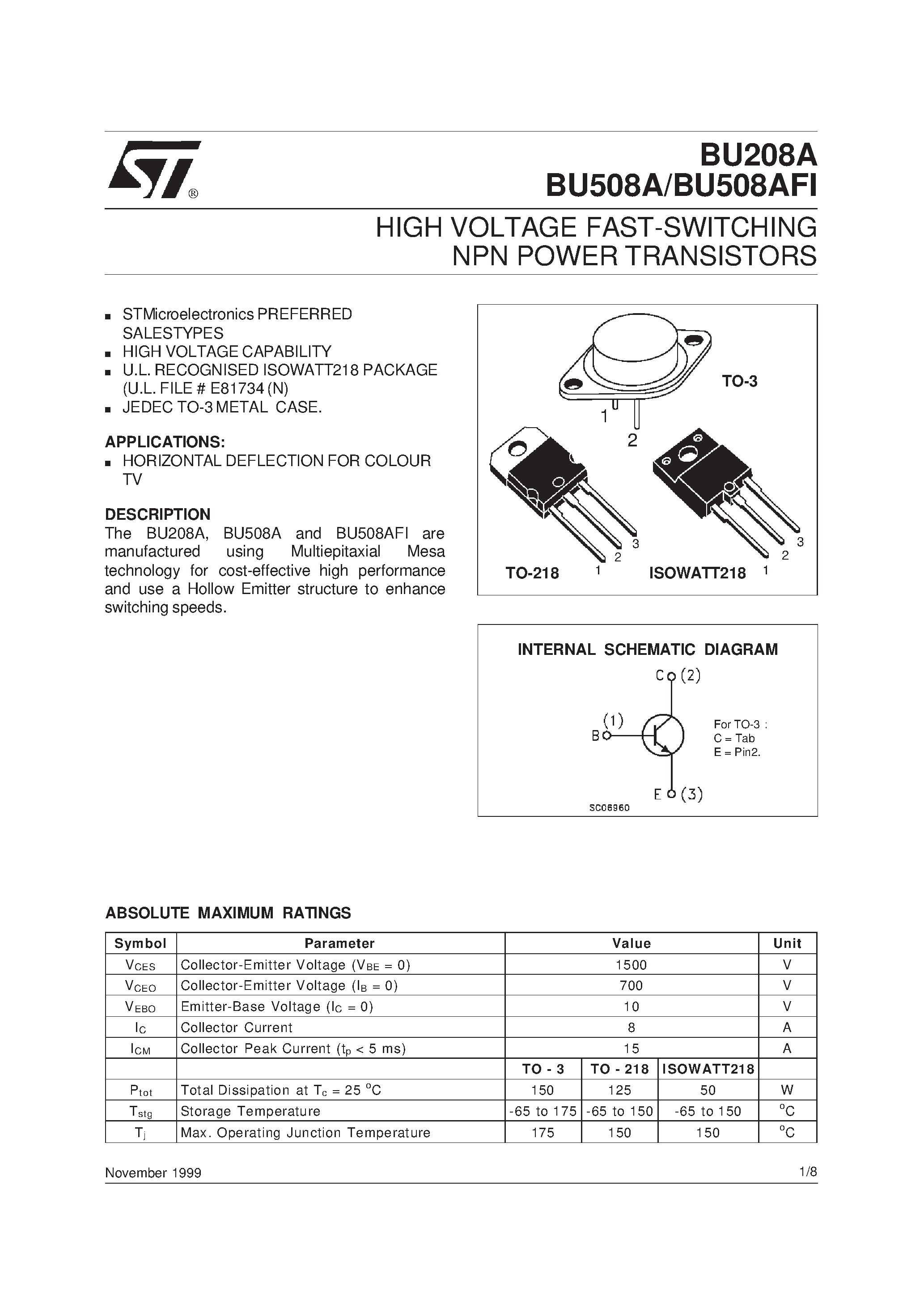 Даташит BU208A - HIGH VOLTAGE FAST-SWITCHING NPN POWER TRANSISTORS страница 1