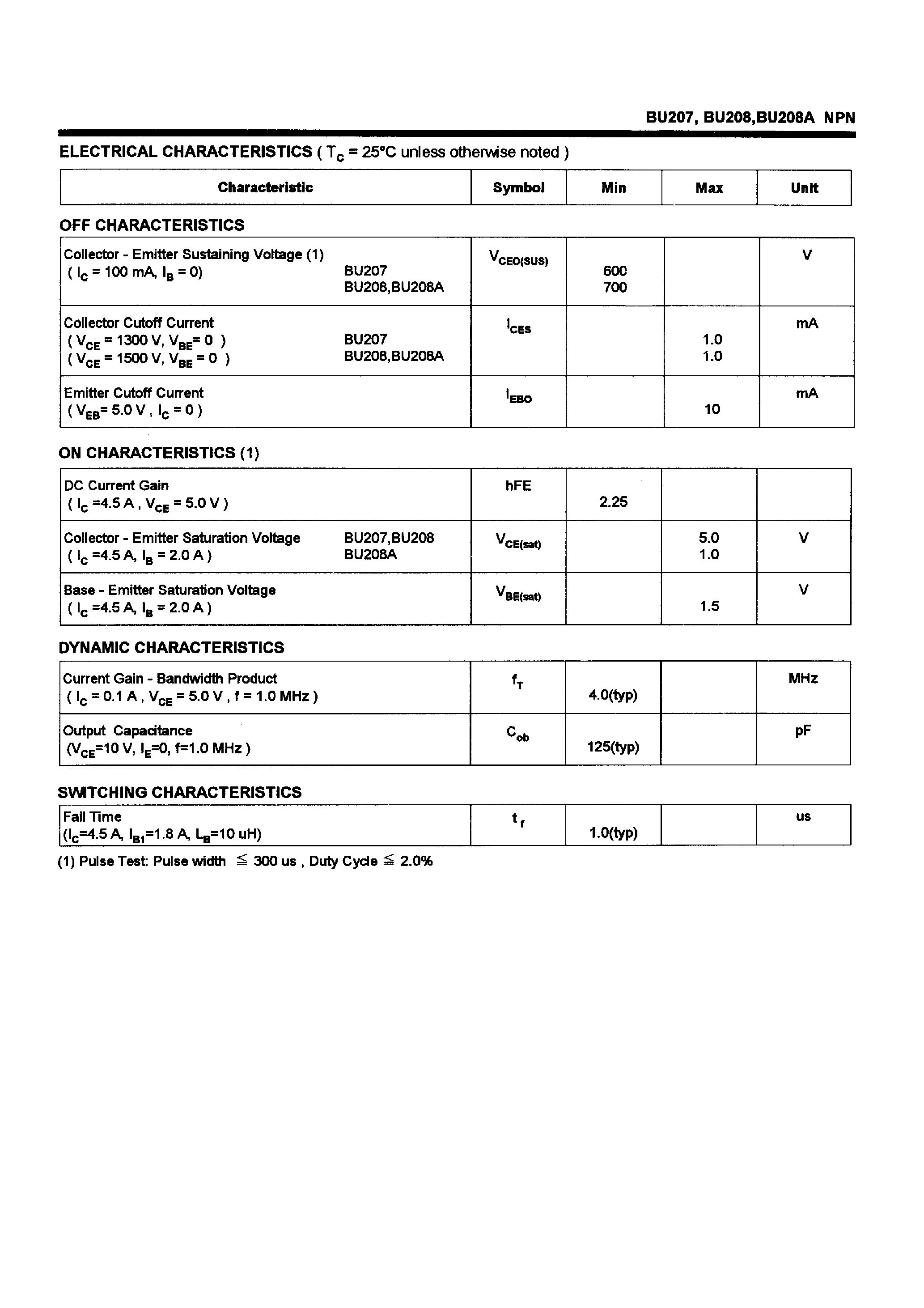 Даташит BU208A - POWER TRANSISTORS(5.0A/1300-1500V/55W) страница 2