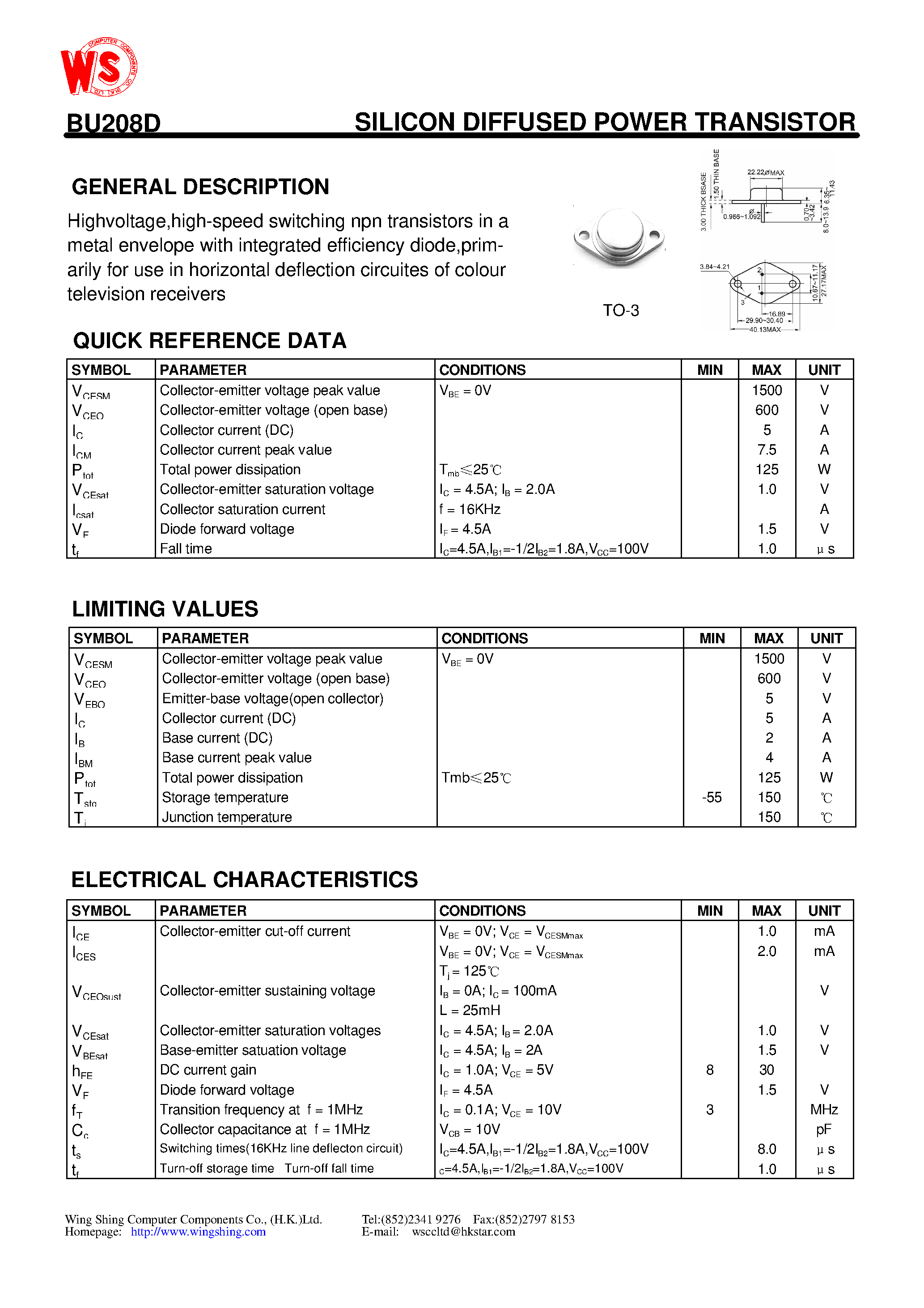 Datasheet BU208D page 1 Datasheet BU208D - SILICON DIFFUSED POWER TRANSISTOR(GENERAL DESCRIPTION) page 1