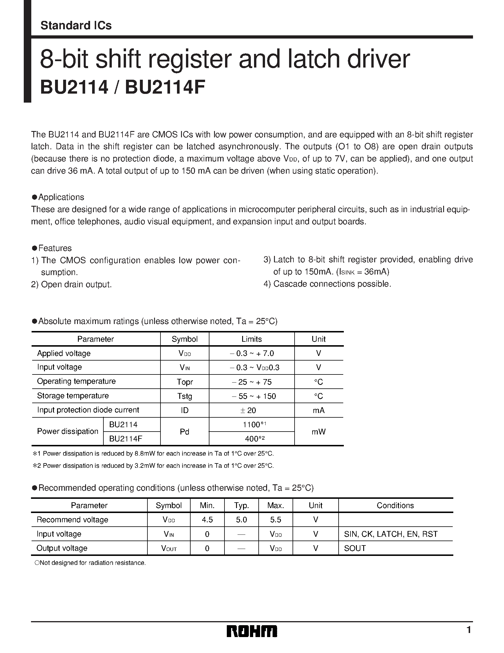 Даташит на микросхему BU2114 страница 1 Даташит BU2114 - 8-bit shift register and latch driver страница 1
