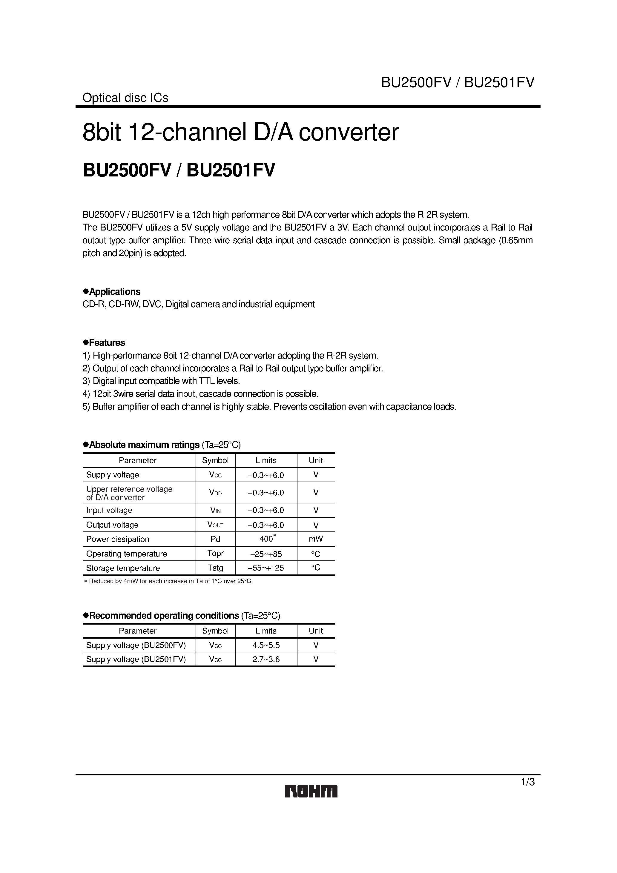 Даташит BU2505FV - 10bit 10-channel D/A converter страница 1