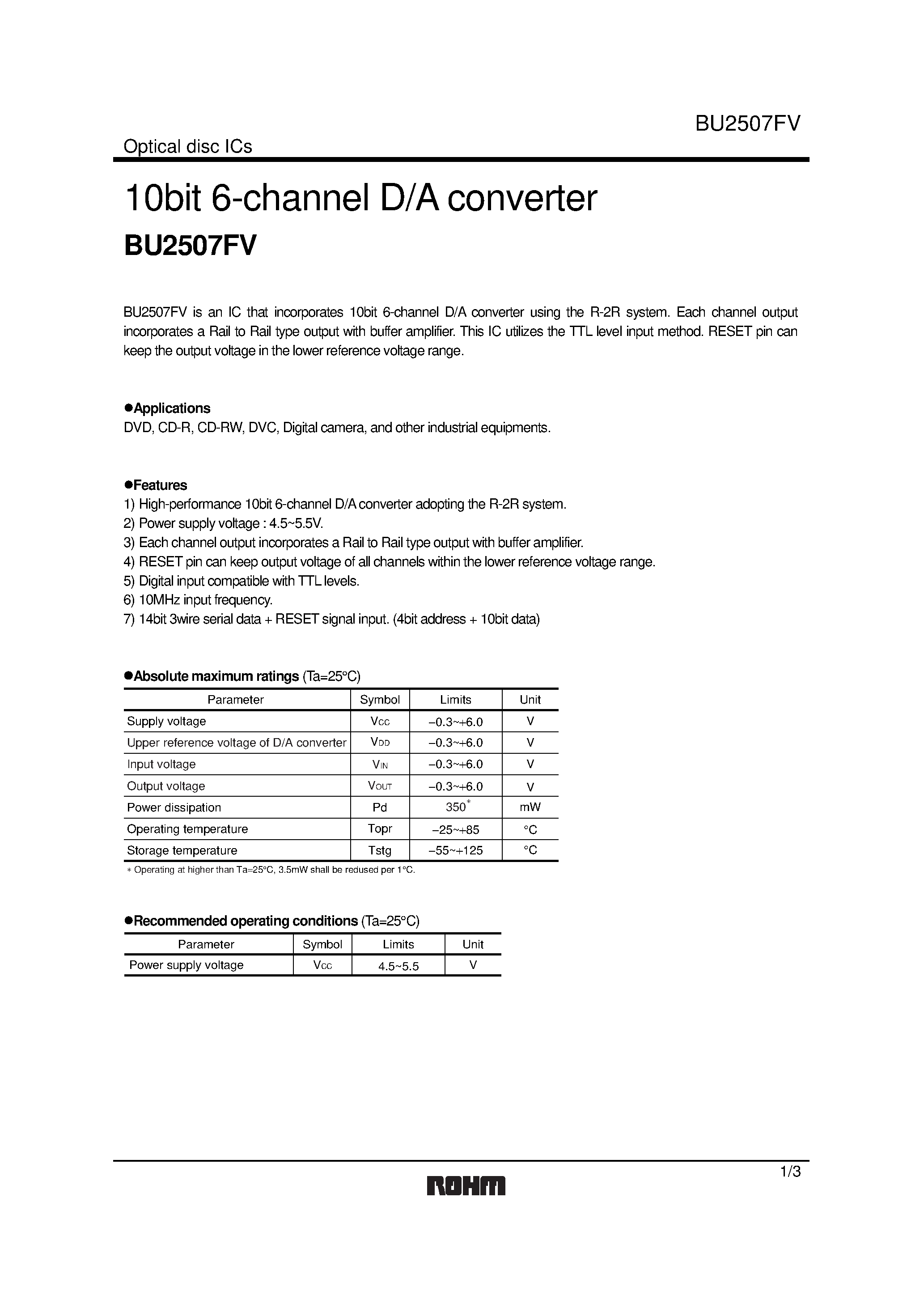 Datasheet BU2507FV - 10bit 6-channel D/A converter page 1