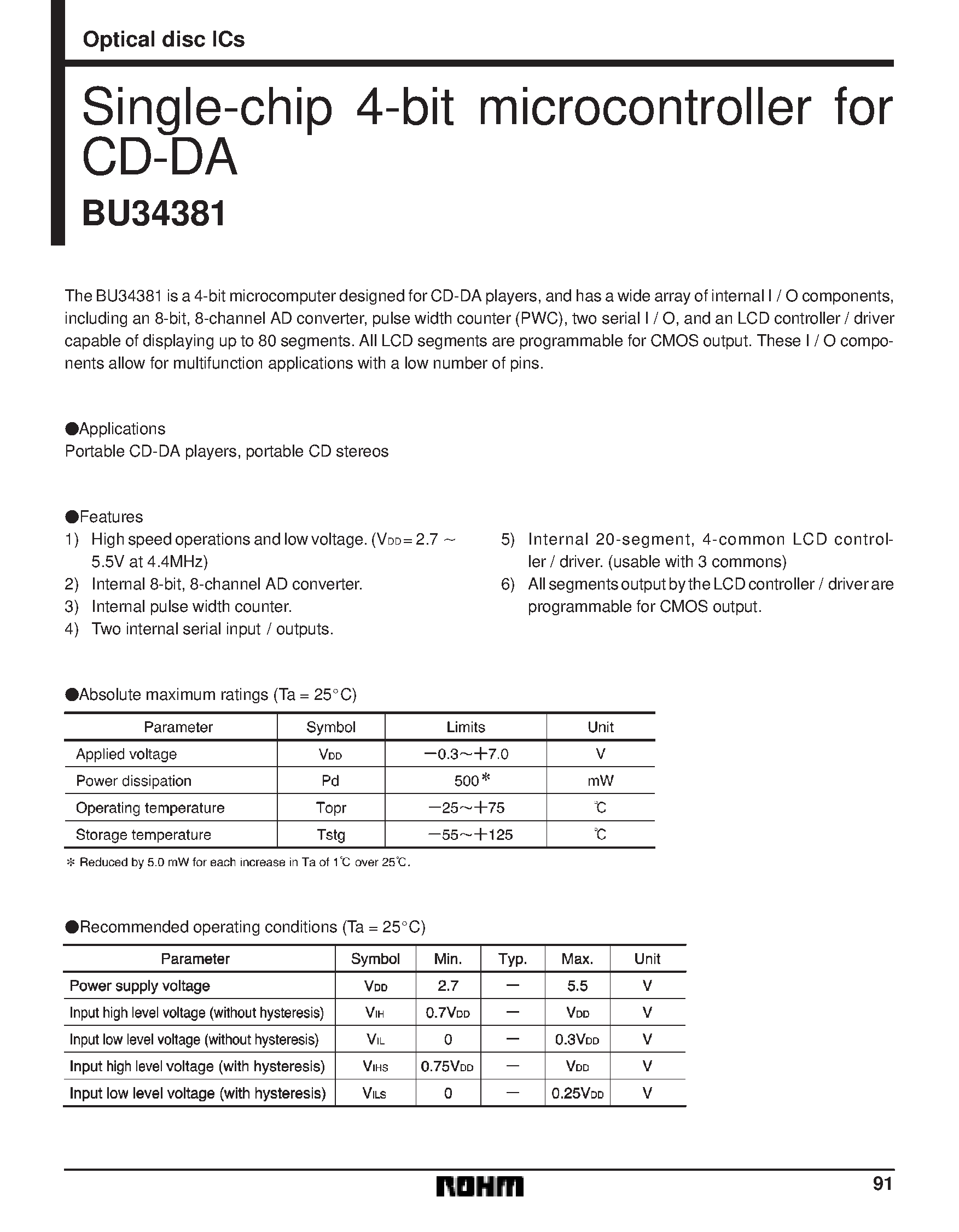 Datasheet BU34381 - Single-chip 4-bit microcontroller for page 1