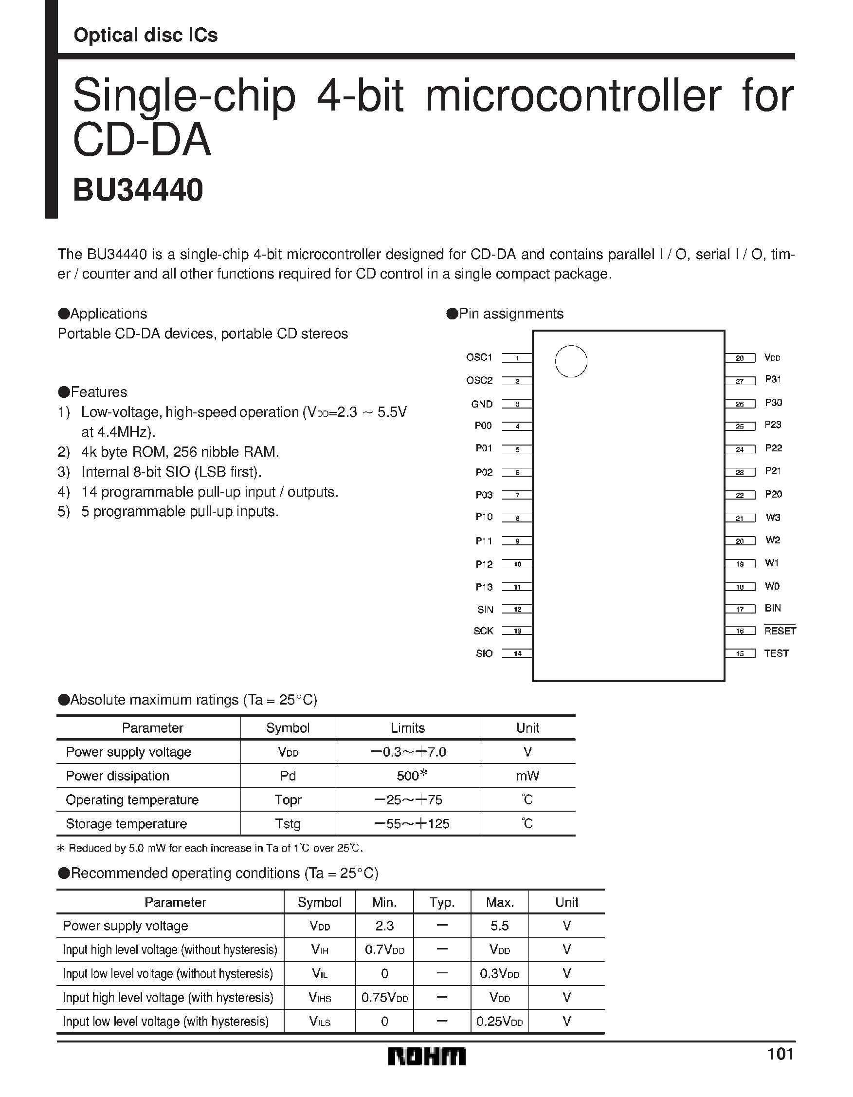 Datasheet BU34440 - Single-chip 4-bit microcontroller for page 1