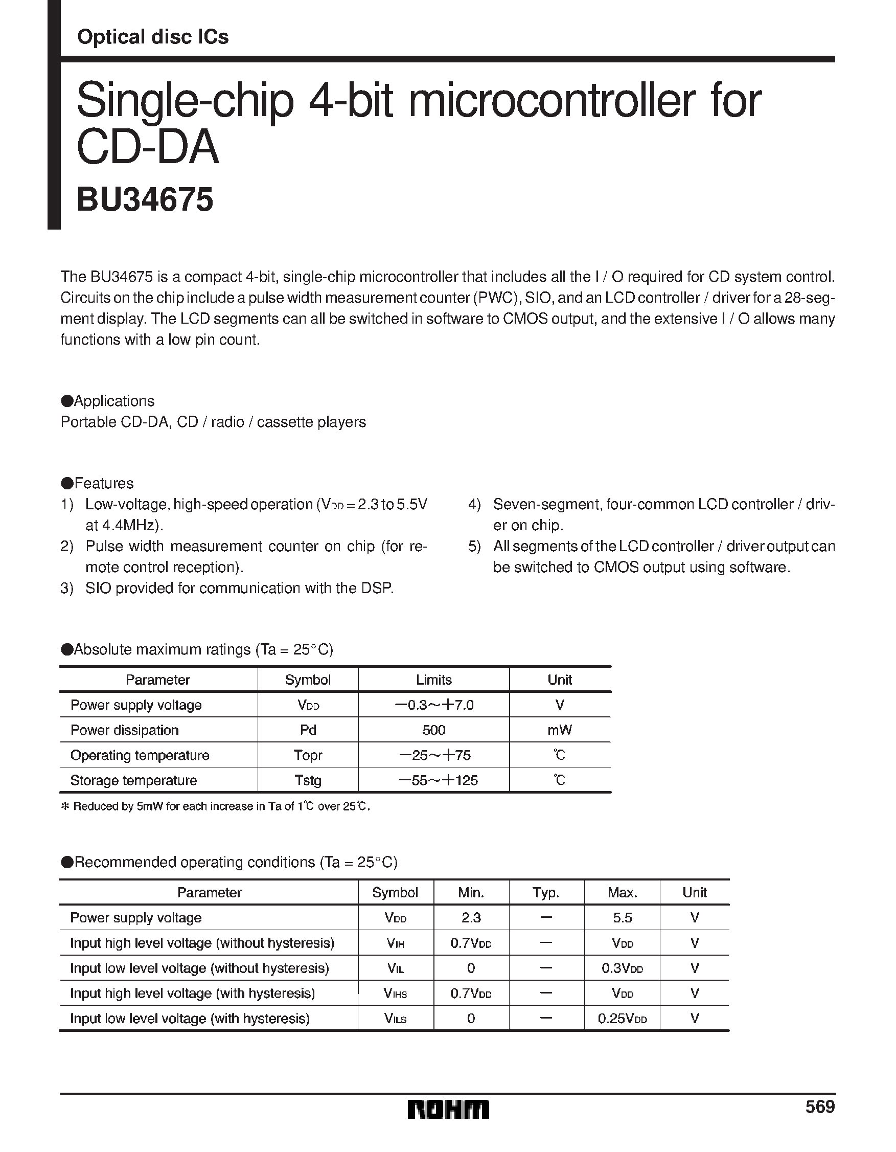 Datasheet BU34675 - Single-chip 4-bit microcontroller for page 1