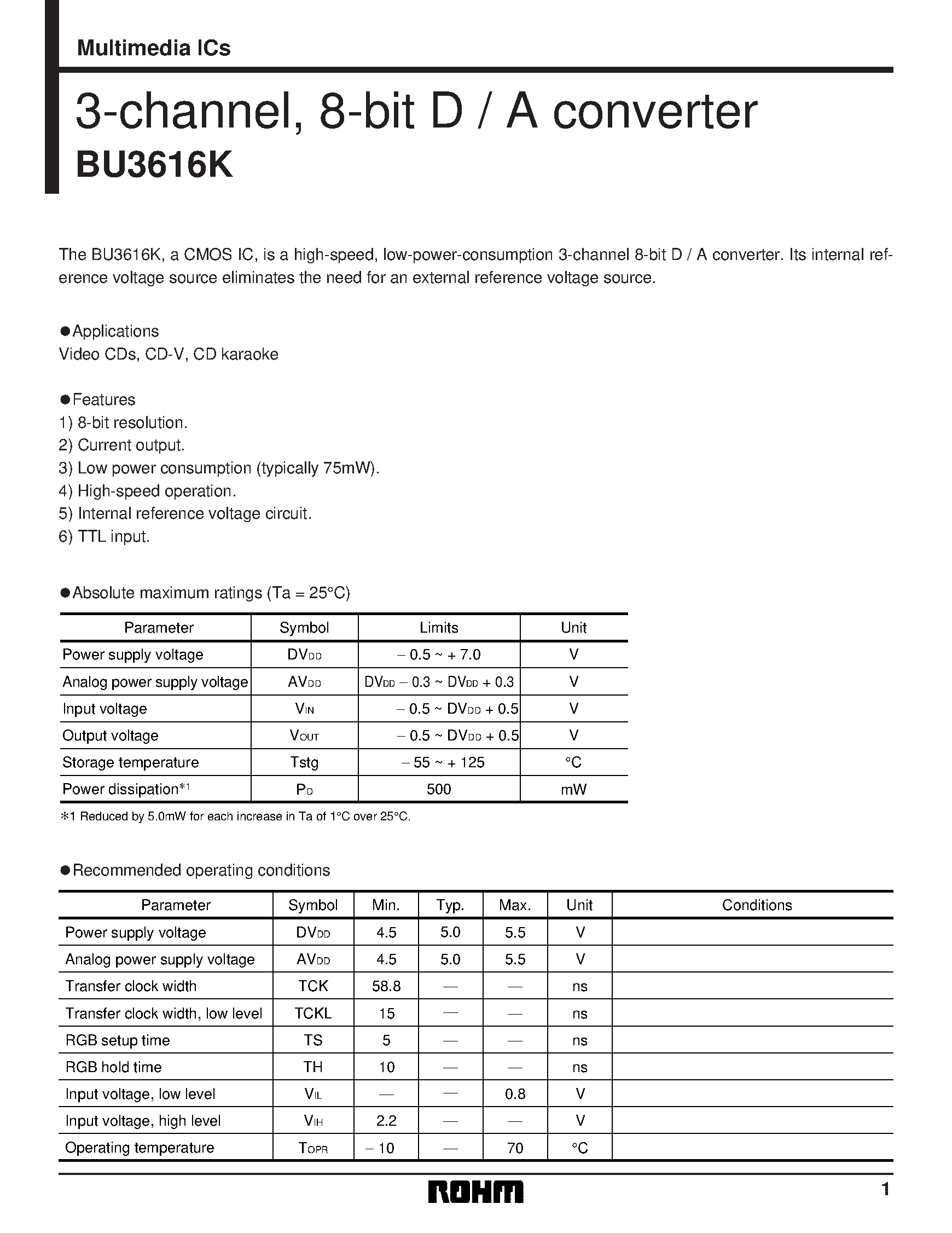 Даташит BU3616K - 3-channel/ 8-bit D / A converter страница 1