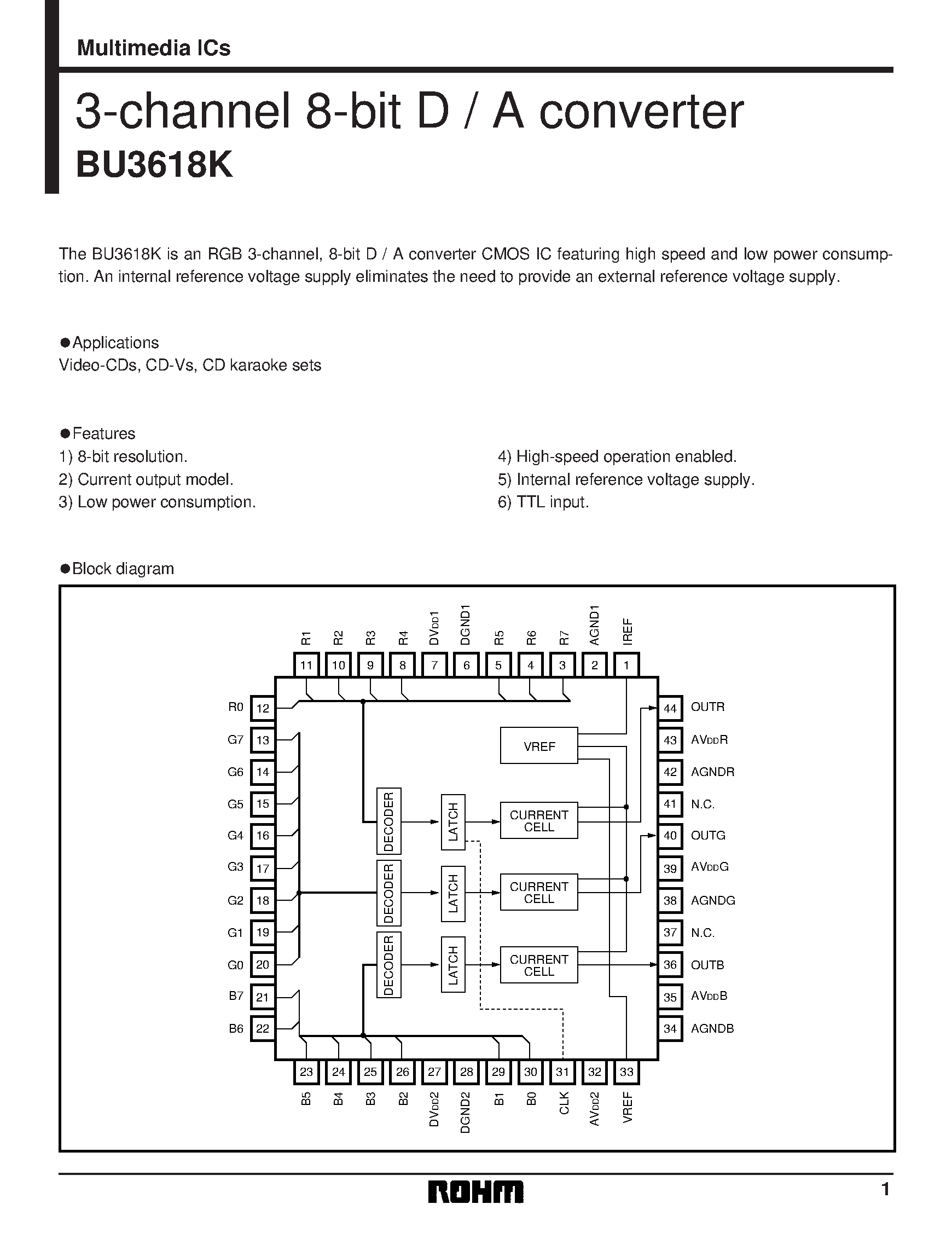 Даташит BU3618K - 3-channel 8-bit D / A converter страница 1