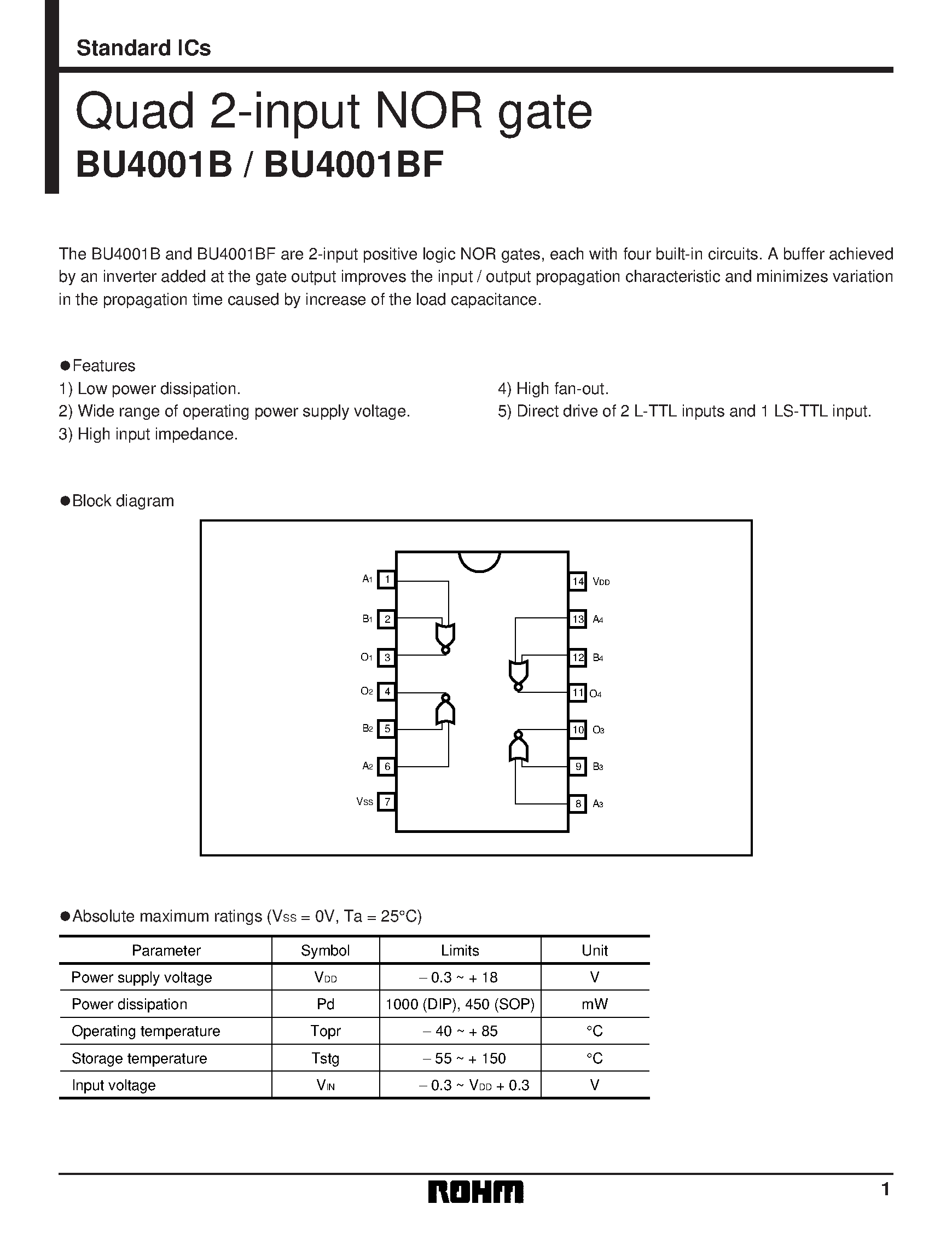 Даташит BU4001B - Quad 2-input NOR gate страница 1