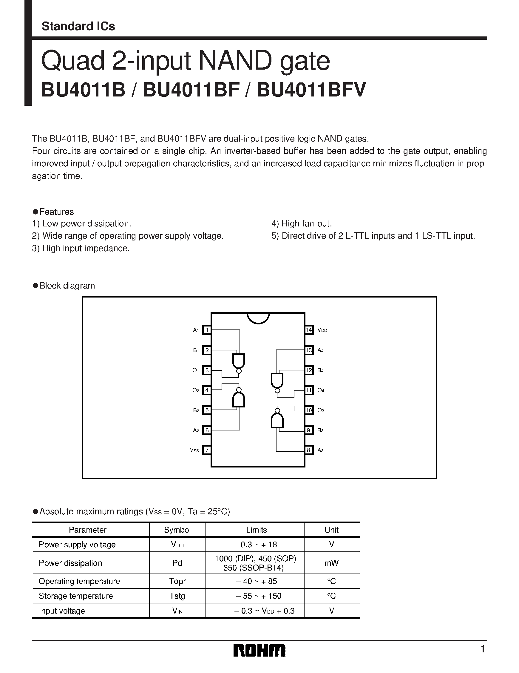 Даташит на микросхему BU4011BFV страница 1 Даташит BU4011BFV - Quad 2-input NAND gate страница 1