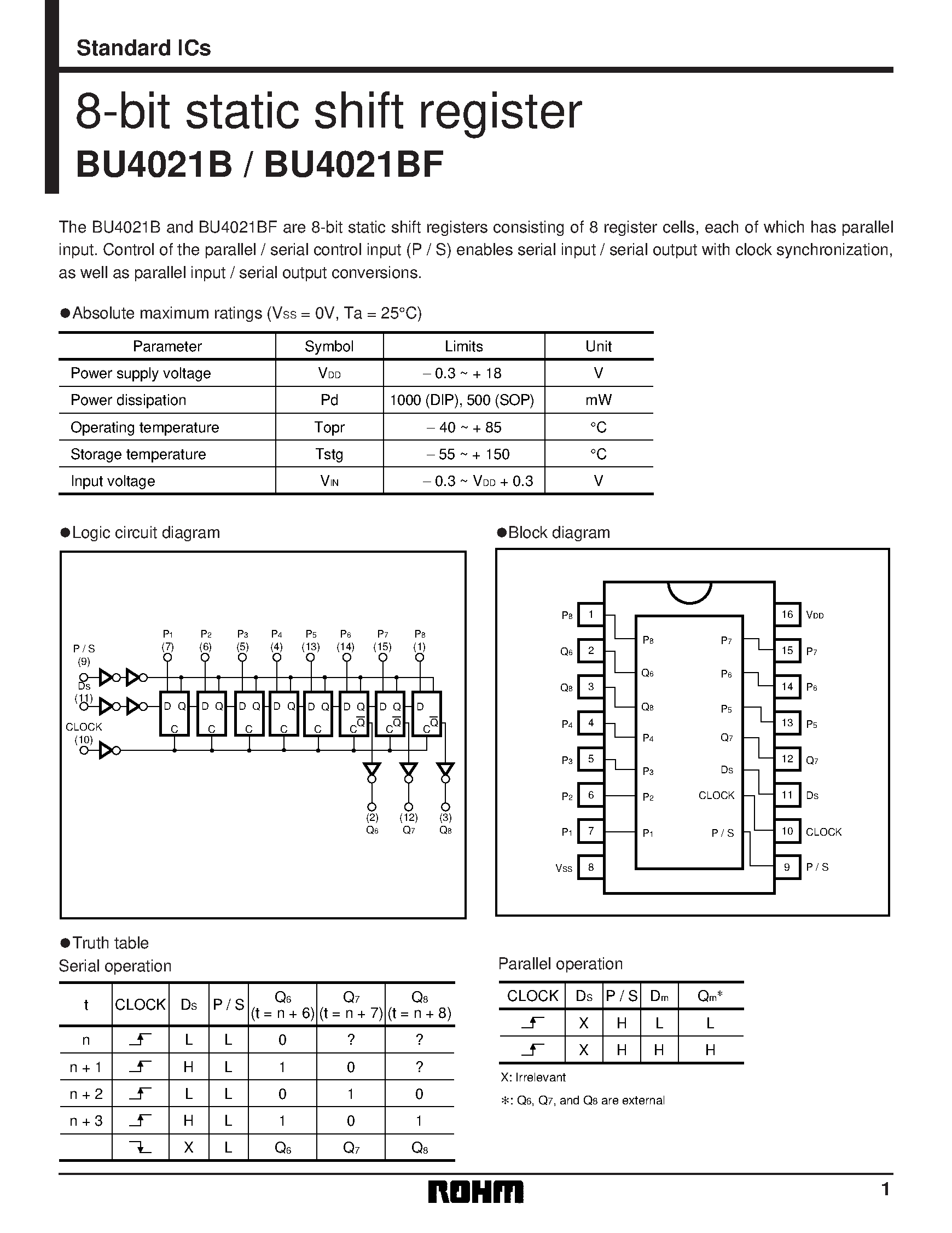 Даташит BU4021BF - 8-bit static shift register страница 1