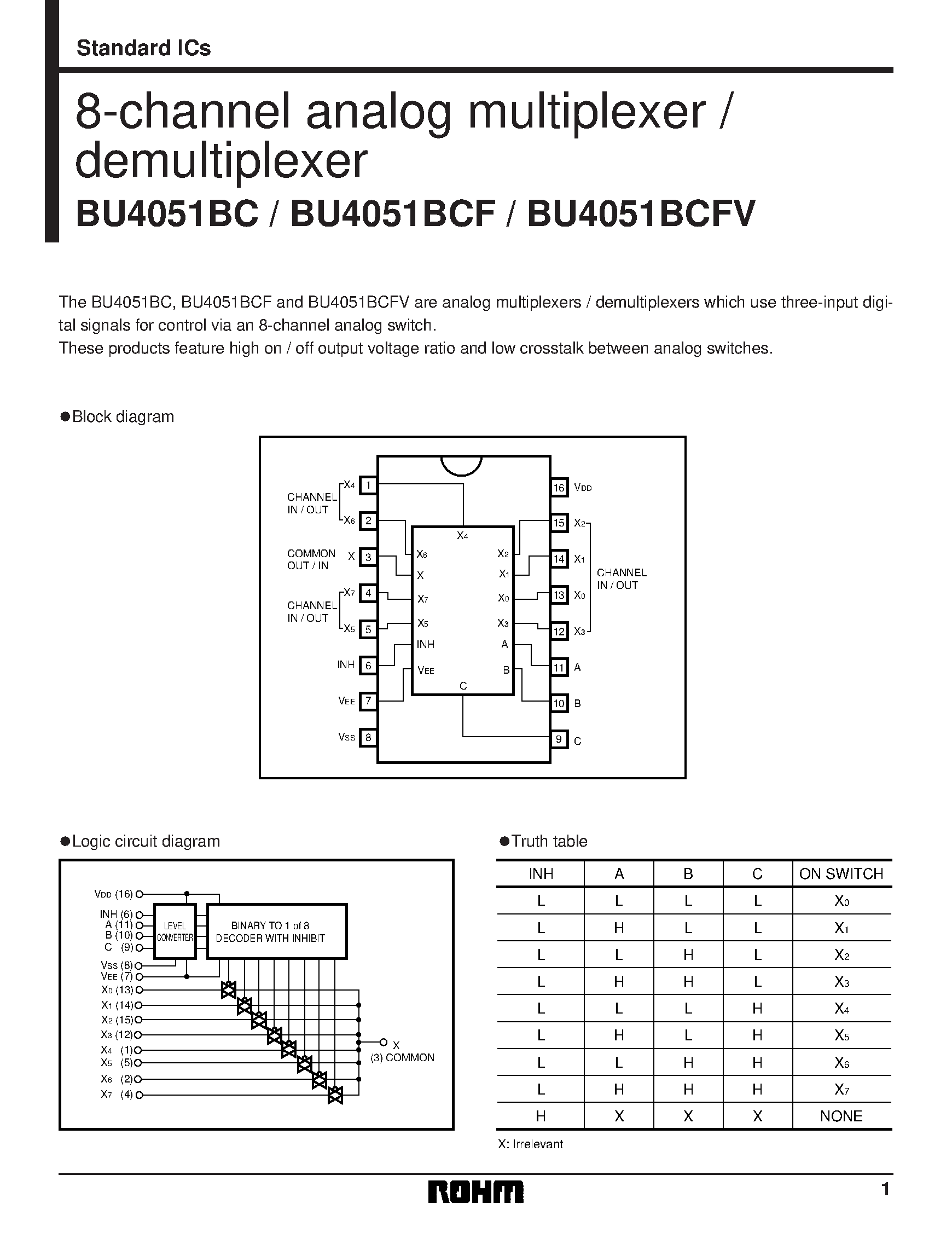 Даташит на микросхему BU4051BCFV страница 1 Даташит BU4051BCFV - 8-channel analog multiplexer / demultiplexer страница 1