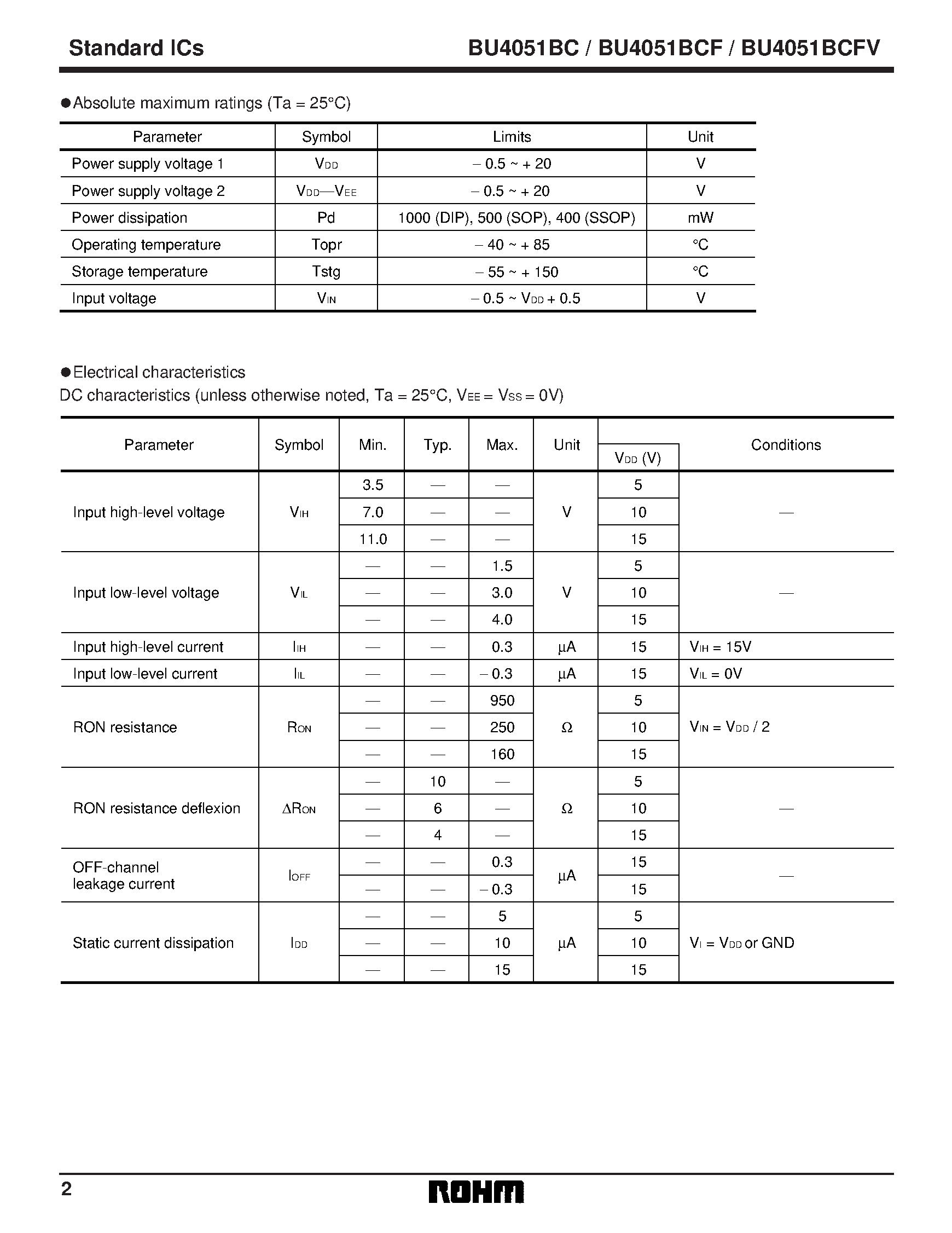 Даташит на микросхему BU4051BCFV страница 2 Даташит BU4051BCFV - 8-channel analog multiplexer / demultiplexer страница 2