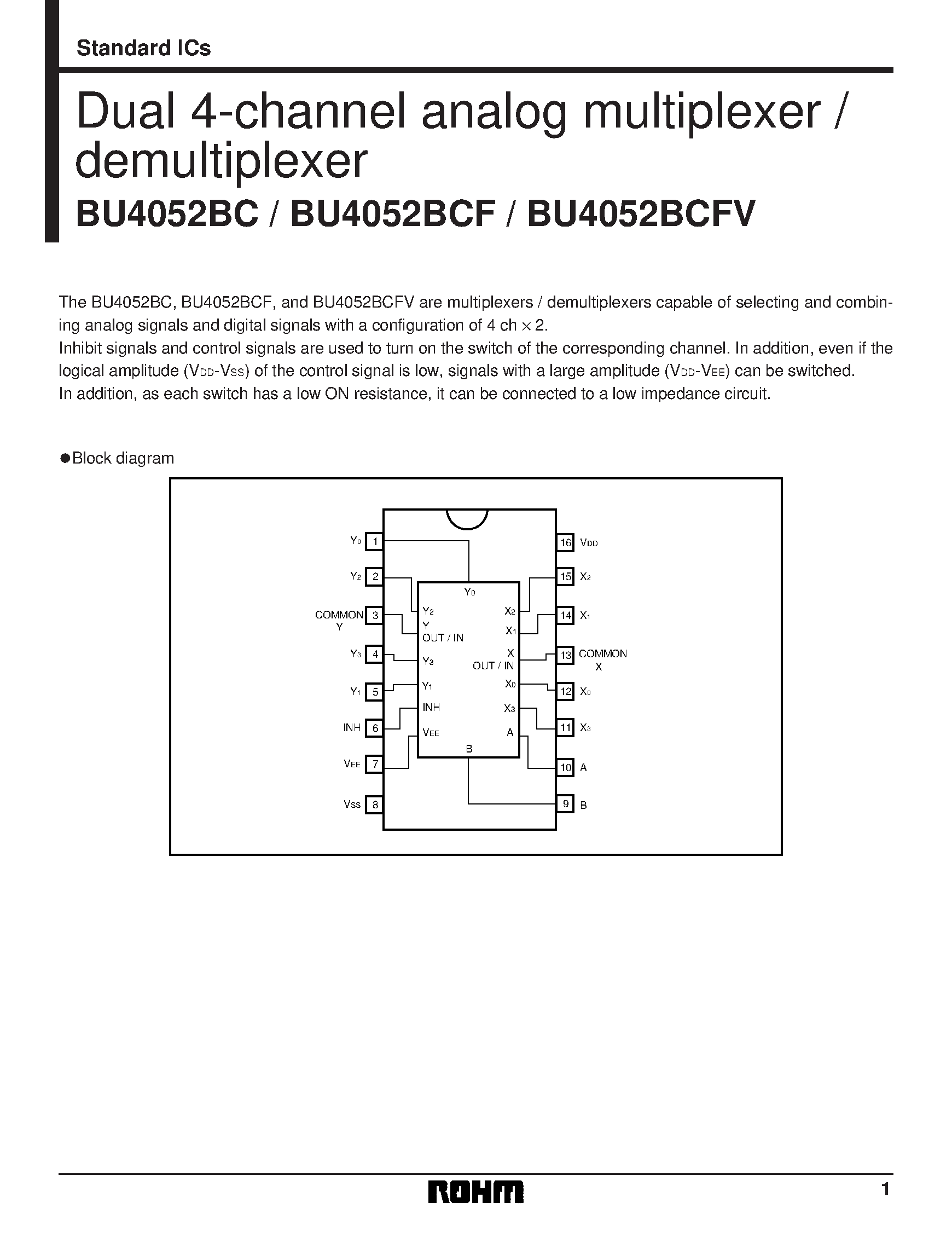 Даташит на микросхему BU4052BC страница 1 Даташит BU4052BC - Dual 4-channel analog multiplexer / demultiplexer страница 1