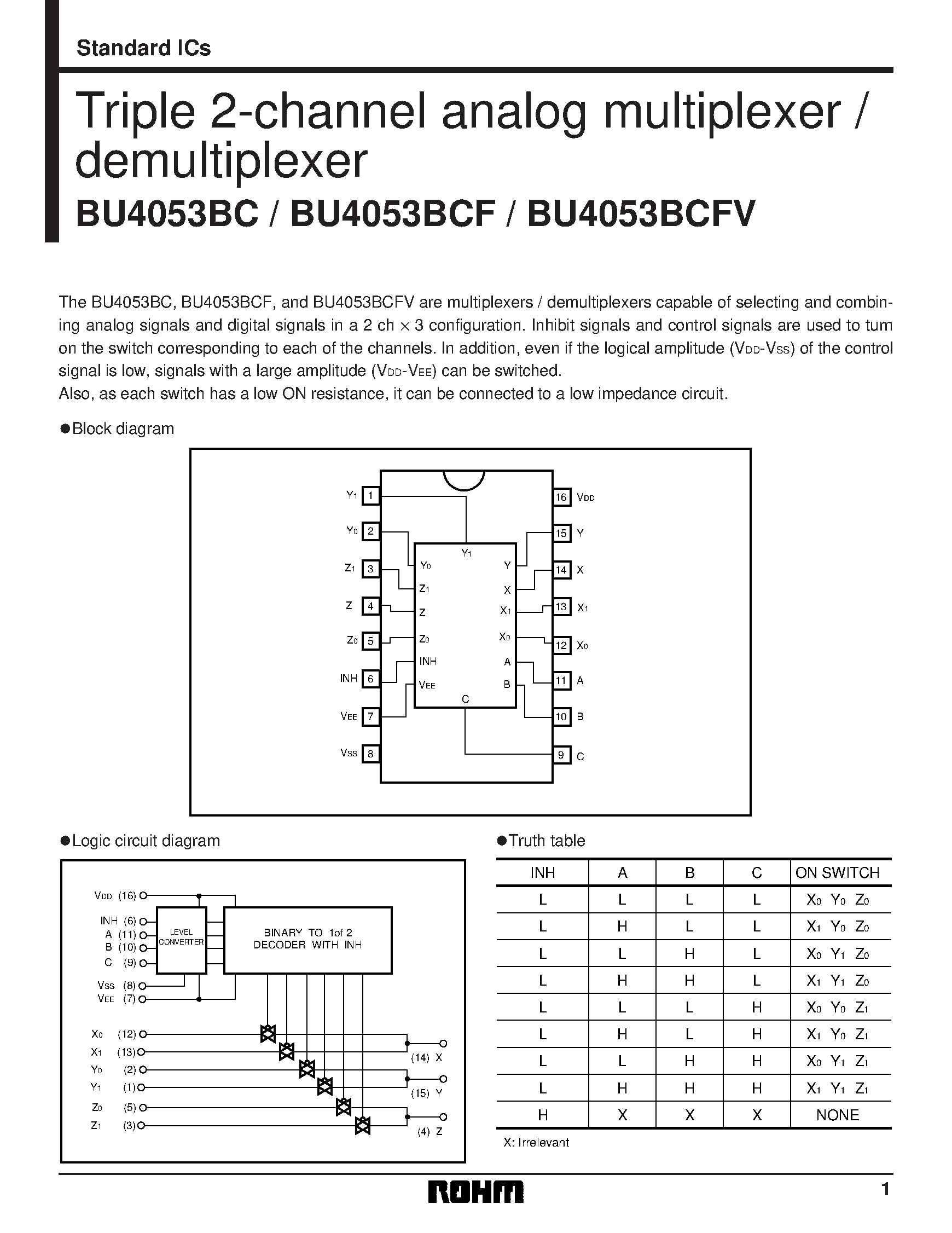 Даташит на микросхему BU4053BC страница 1 Даташит BU4053BC - Triple 2-channel analog multiplexer / demultiplexer страница 1