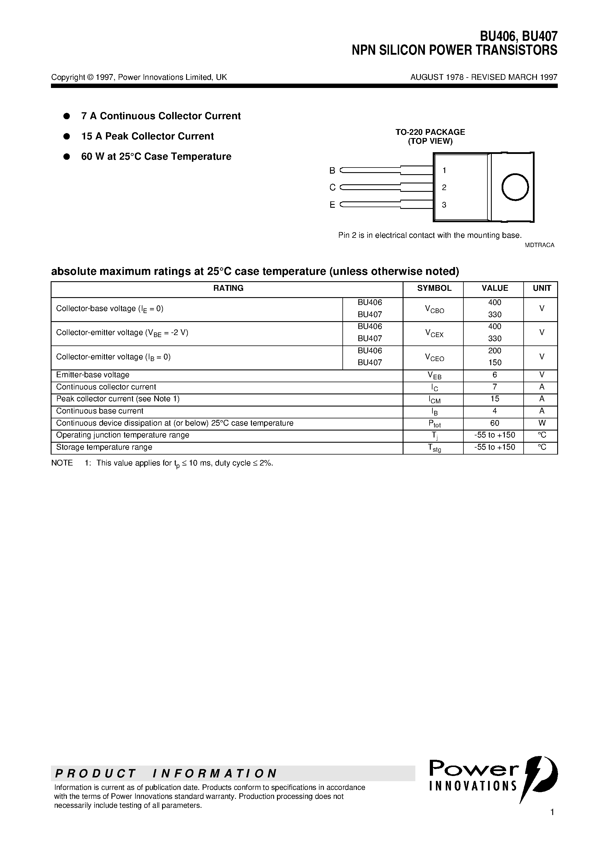 Даташит BU406 - NPN SILICON POWER TRANSISTORS страница 1