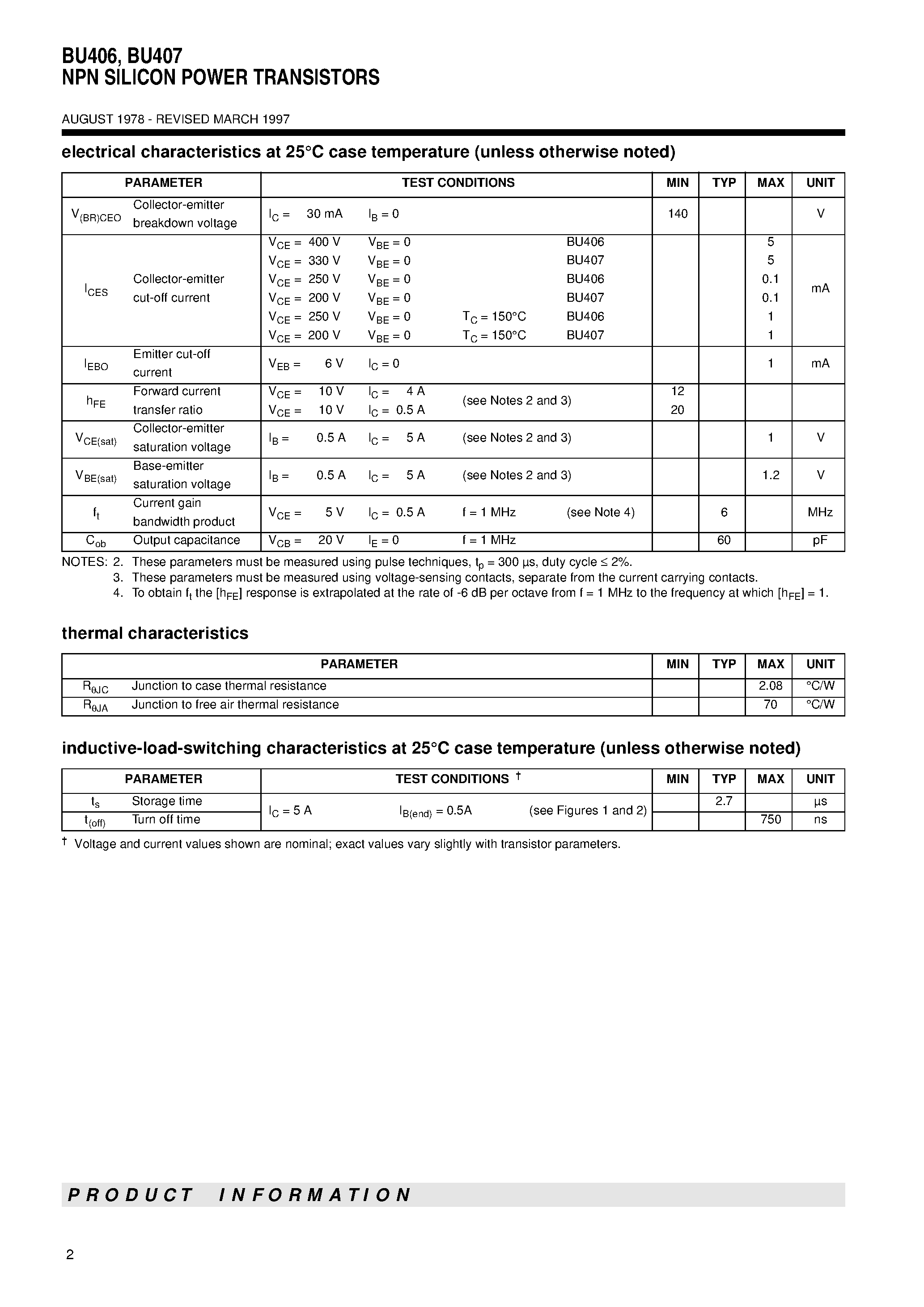 Даташит BU406 - NPN SILICON POWER TRANSISTORS страница 2
