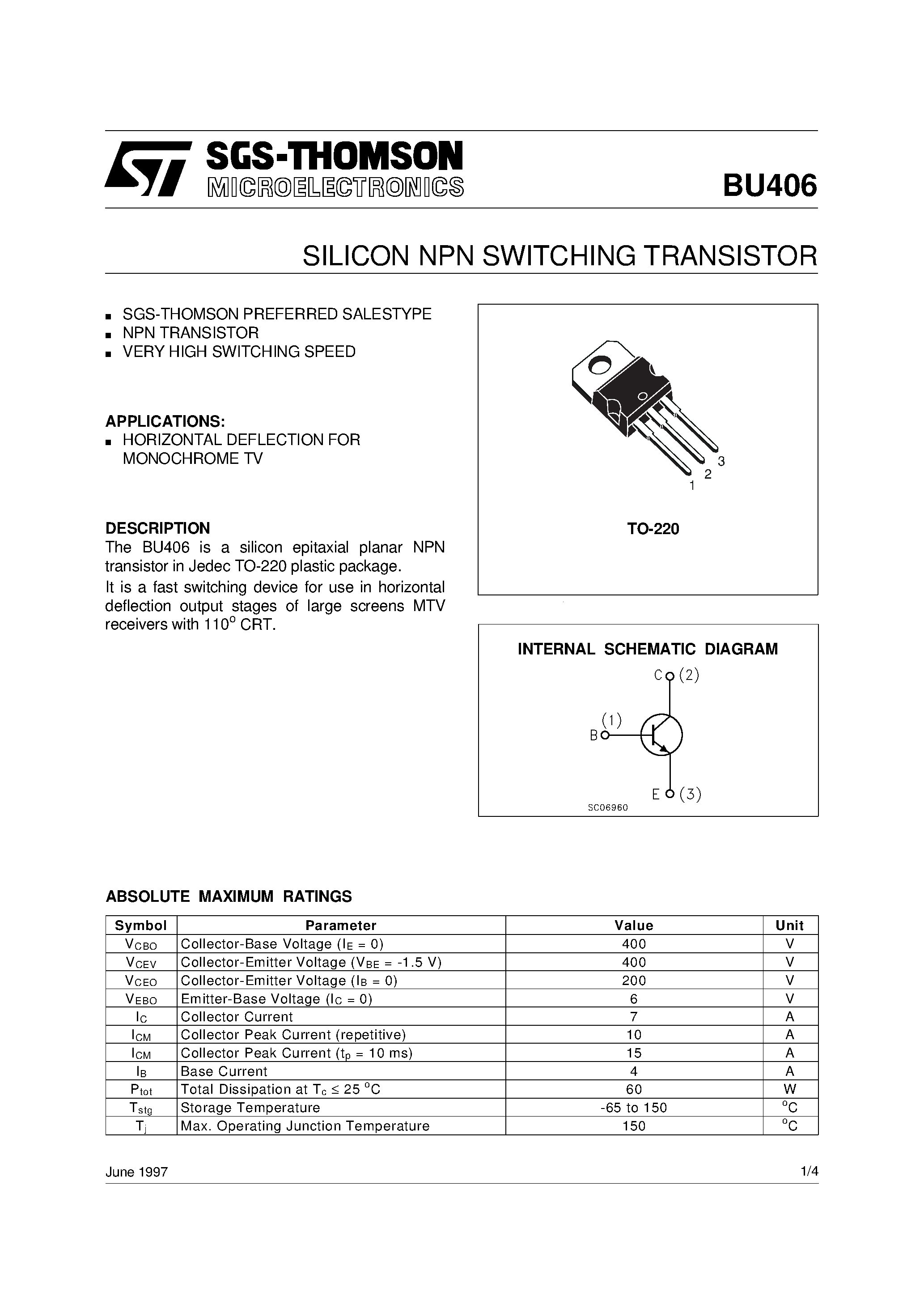Даташит BU406 - SILICON NPN SWITCHING TRANSISTOR страница 1