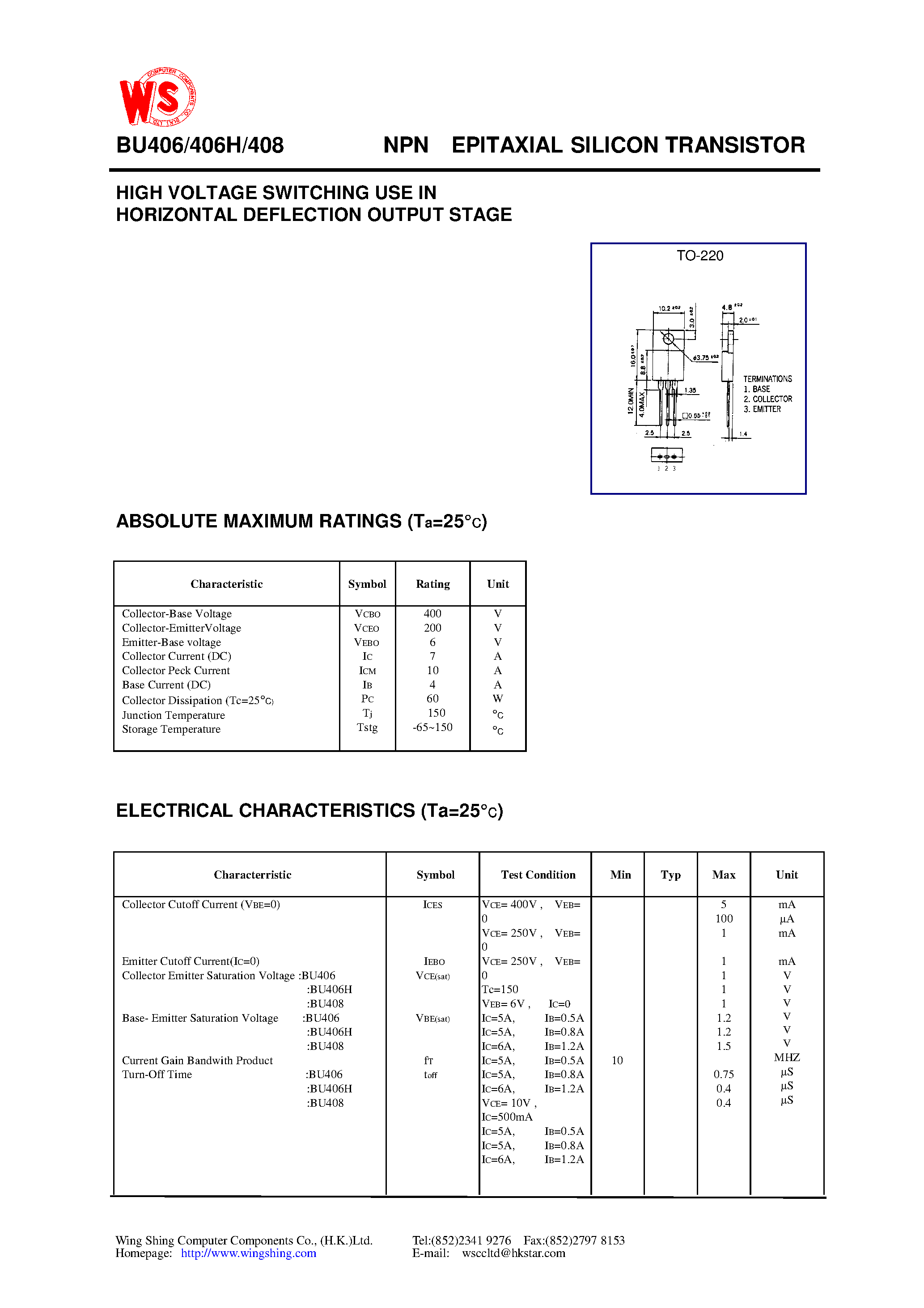 Datasheet BU406 - NPN EPITAXIAL SILICON TRANSISTOR(HIGH VOLTAGE SWITCHING USE IN HORIZONTAL DEFLECTION OUTPUT STAGE) page 1