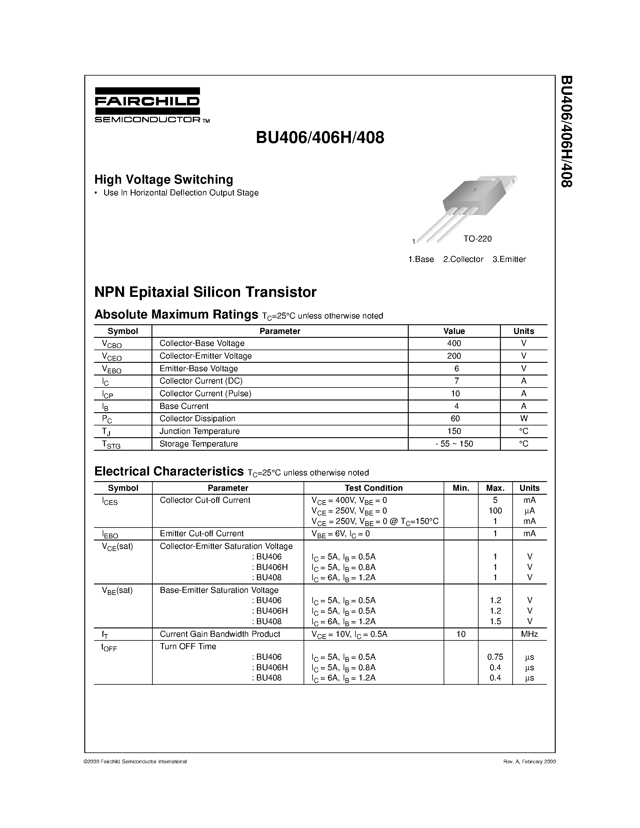 Даташит на микросхему BU406 страница 1 Даташит BU406 - High Voltage Switching страница 1