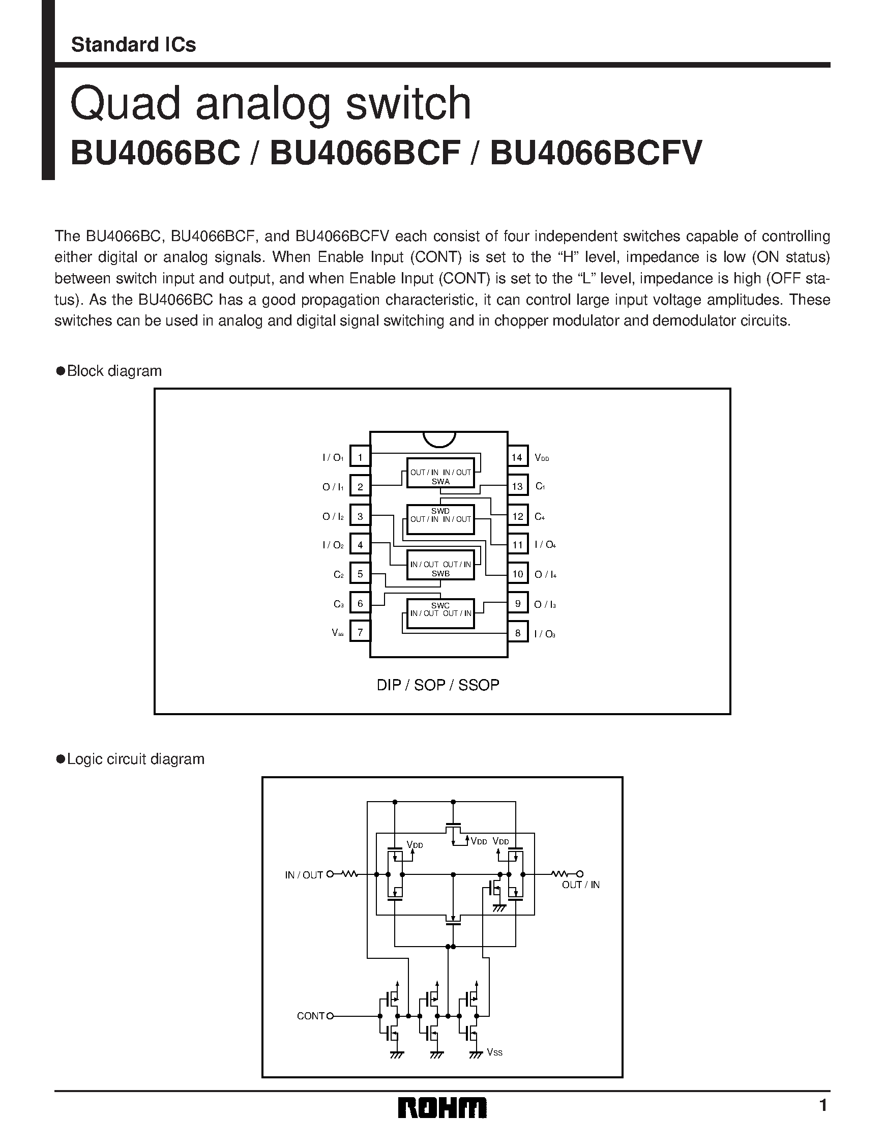 Даташит на микросхему BU4066BCFV страница 1 Даташит BU4066BCFV - Quad analog switch страница 1