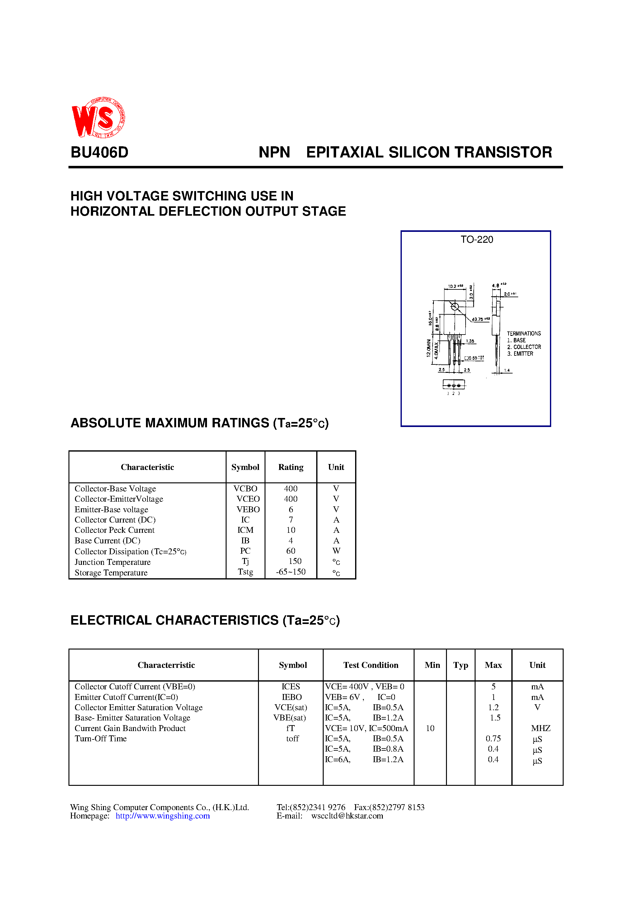 Datasheet BU406D - NPN EPITAXIAL SILICON TRANSISTOR(HIGH VOLTAGE SWITCHING USE IN HORIZONTAL DEFLECTION OUTPUT STAGE) page 1