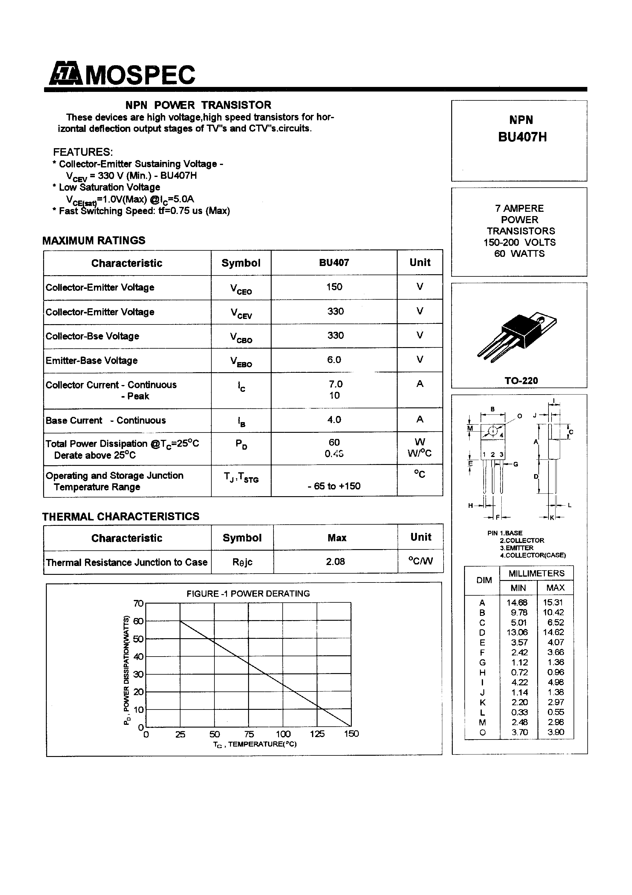 Даташит BU407H - POWER TRANSISTORS(7A/150-200V/60W) страница 1