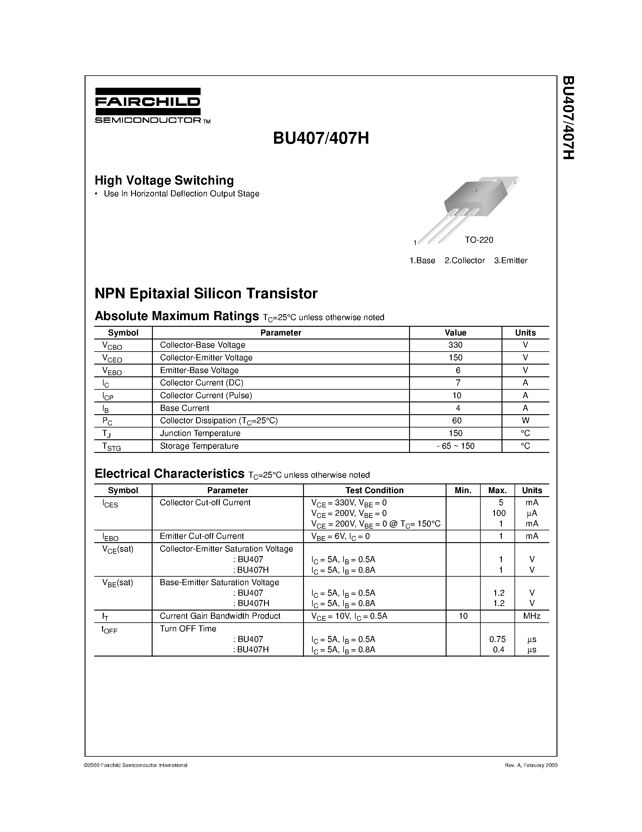 Даташит на микросхему BU407H страница 1 Даташит BU407H - High Voltage Switching страница 1