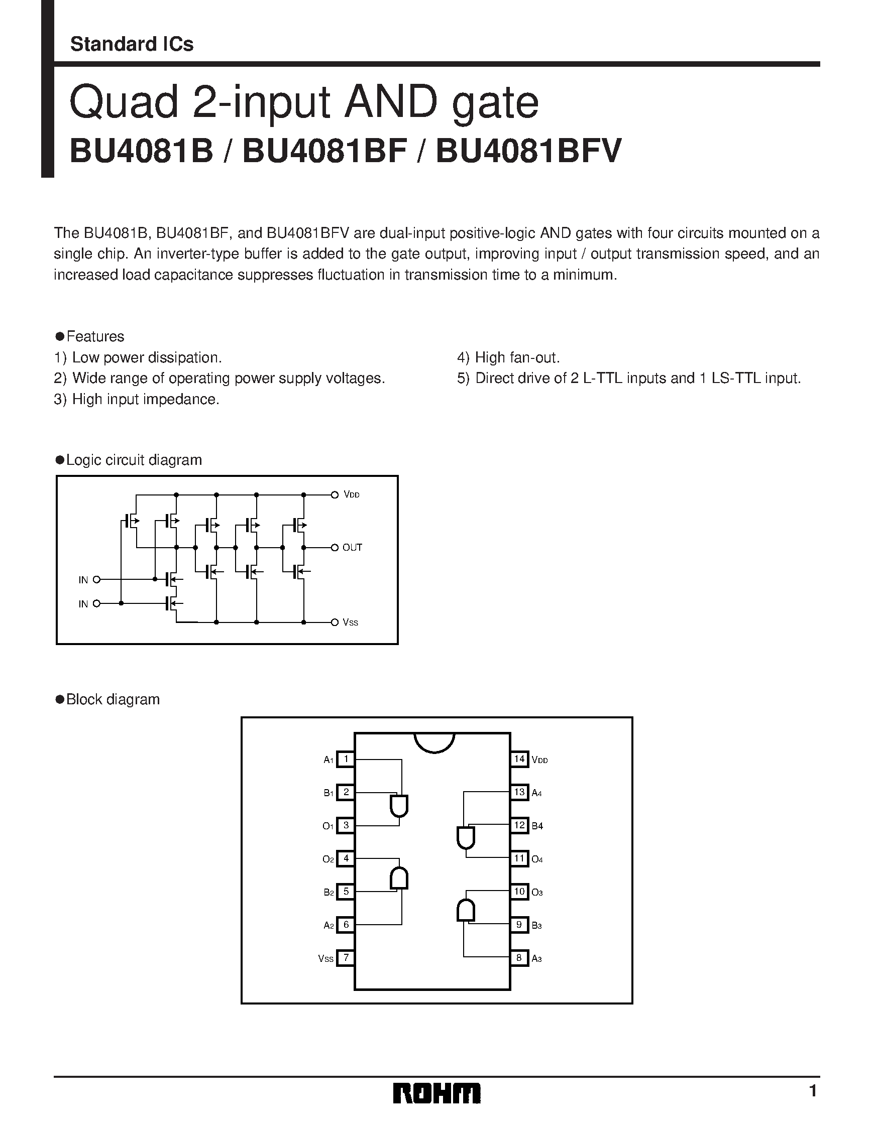Даташит на микросхему BU4081B страница 1 Даташит BU4081B - Quad 2-input AND gate страница 1