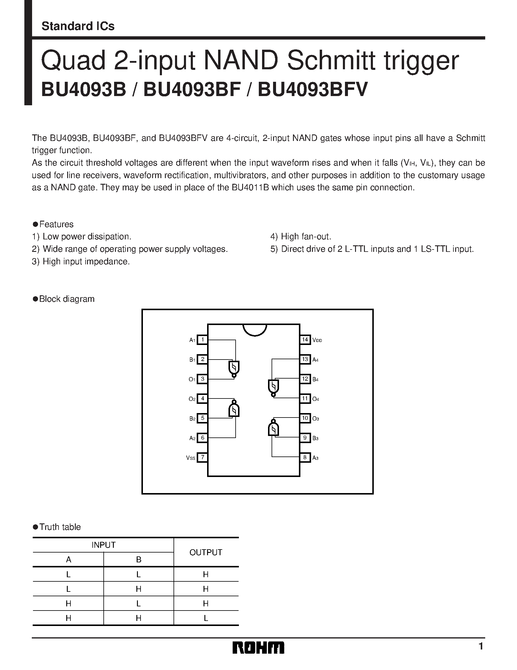 Даташит на микросхему BU4093 страница 1 Даташит BU4093 - Quad 2-input NAND Schmitt trigger страница 1