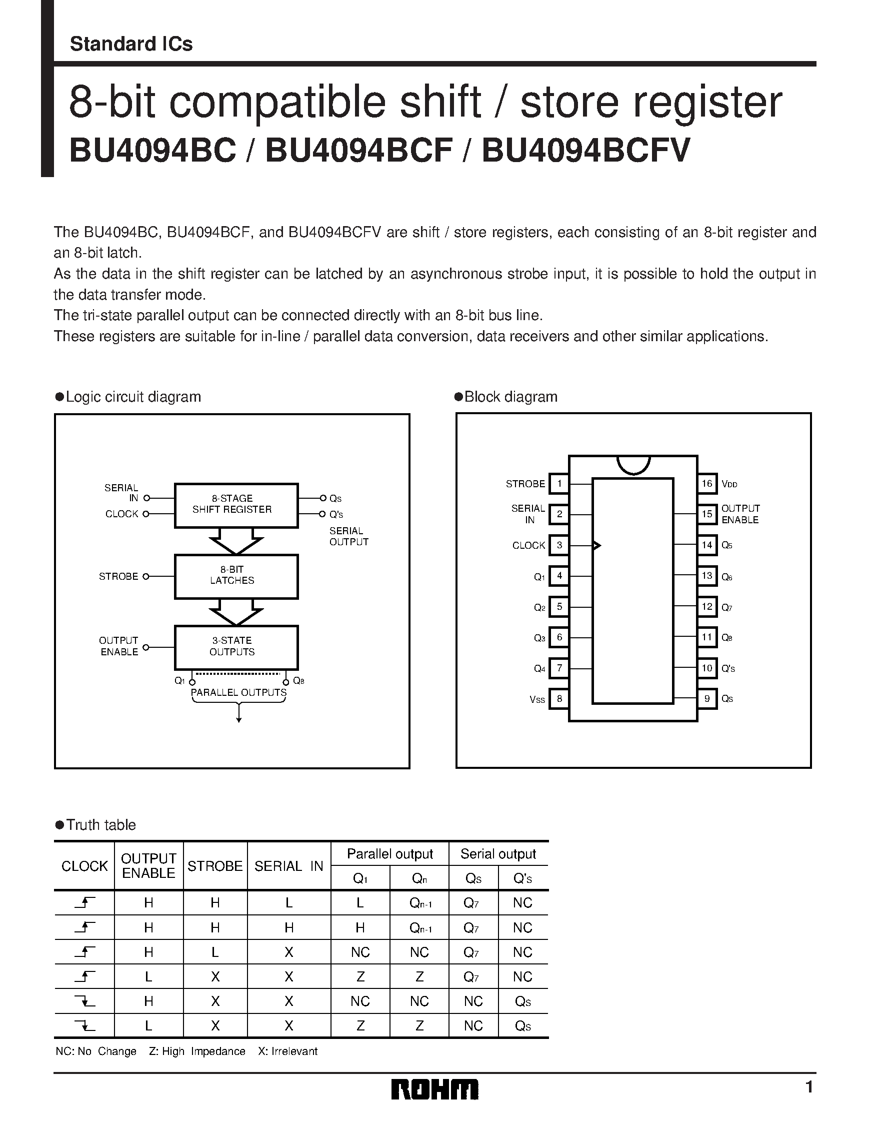 Даташит на микросхему BU4094BCFV страница 1 Даташит BU4094BCFV - 8-bit compatible shift / store register страница 1