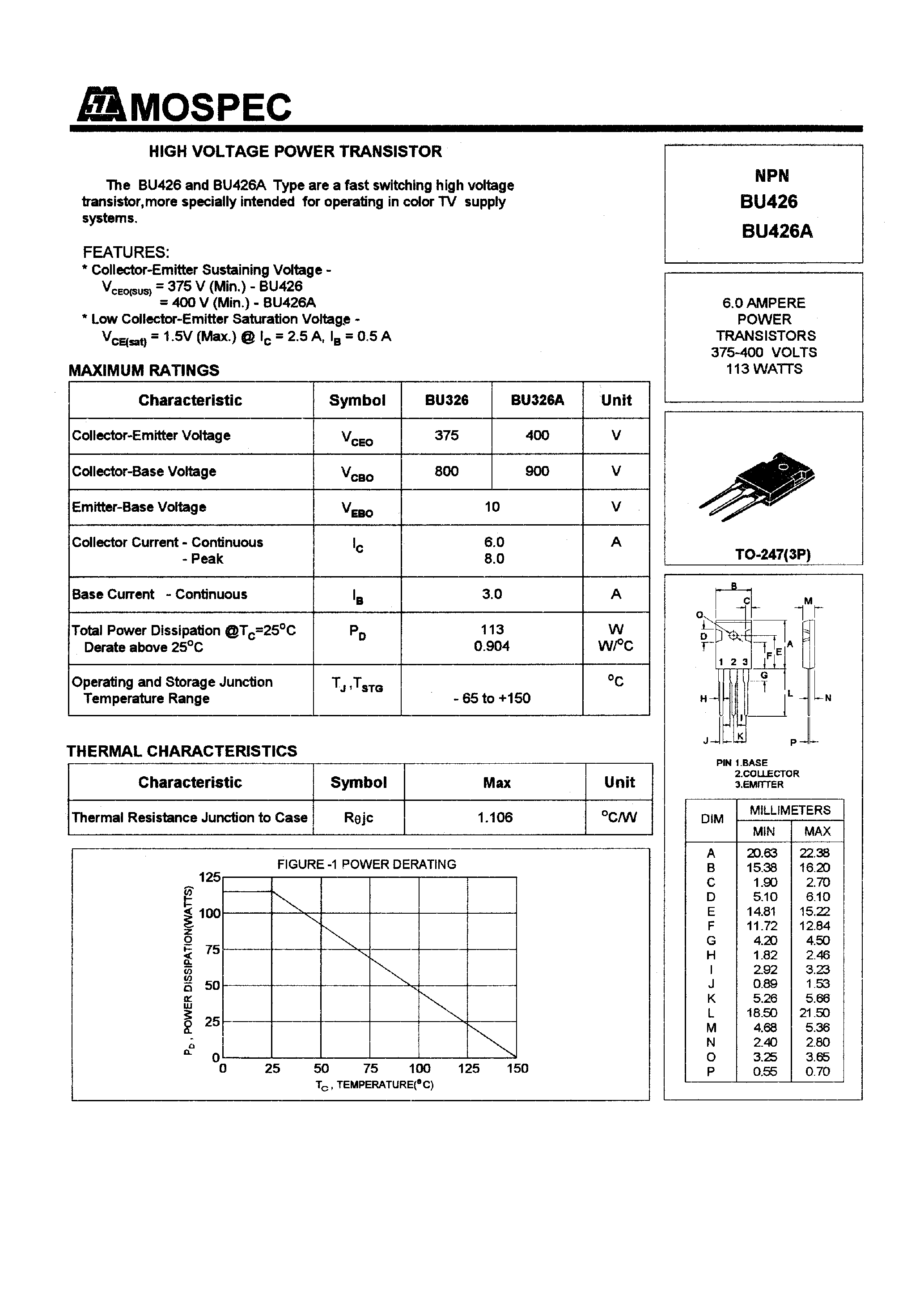 Datasheet BU426 - POWER TRANSISTORS(6.0A/375-400V/113W) page 1