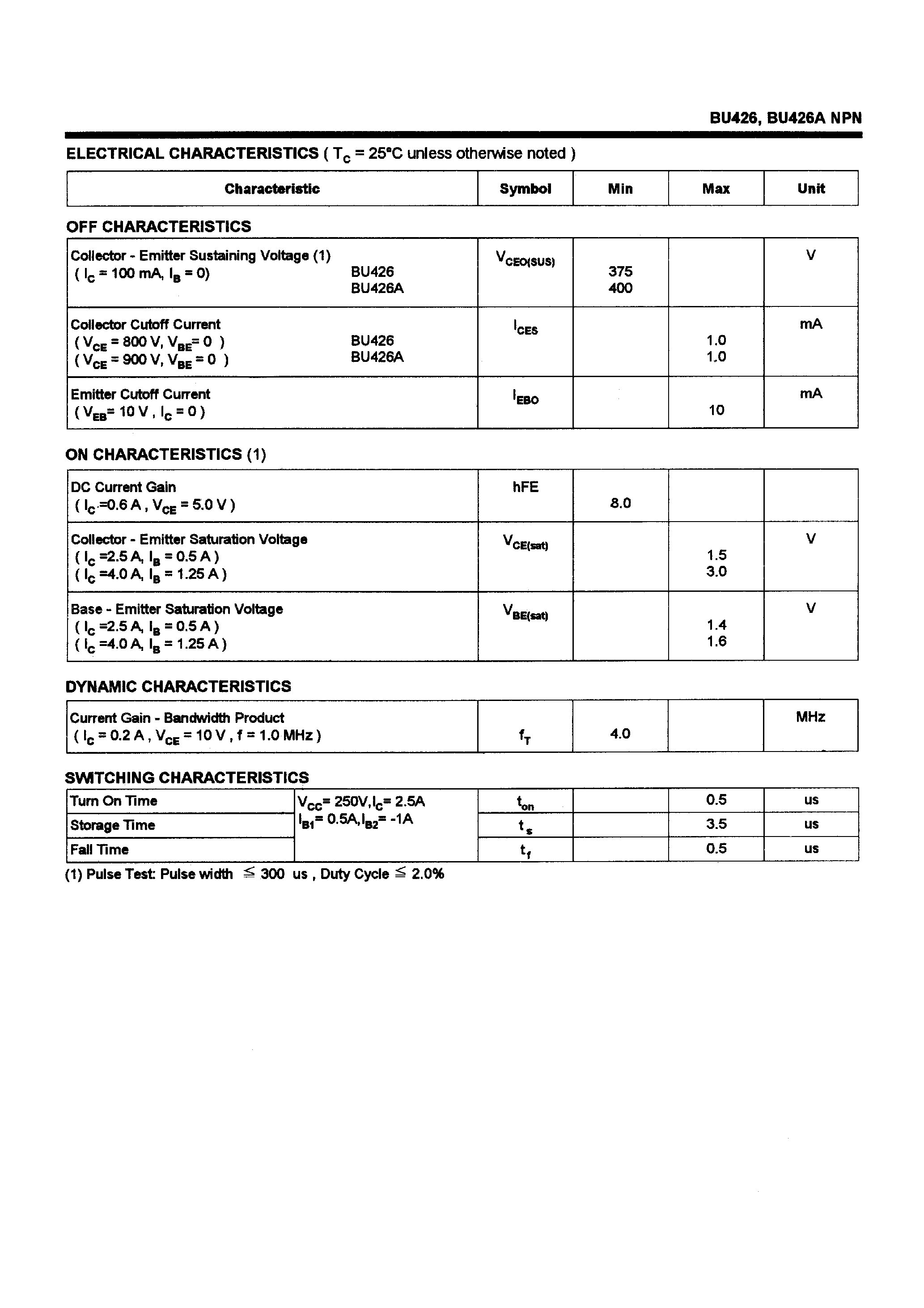 Datasheet BU426 - POWER TRANSISTORS(6.0A/375-400V/113W) page 2