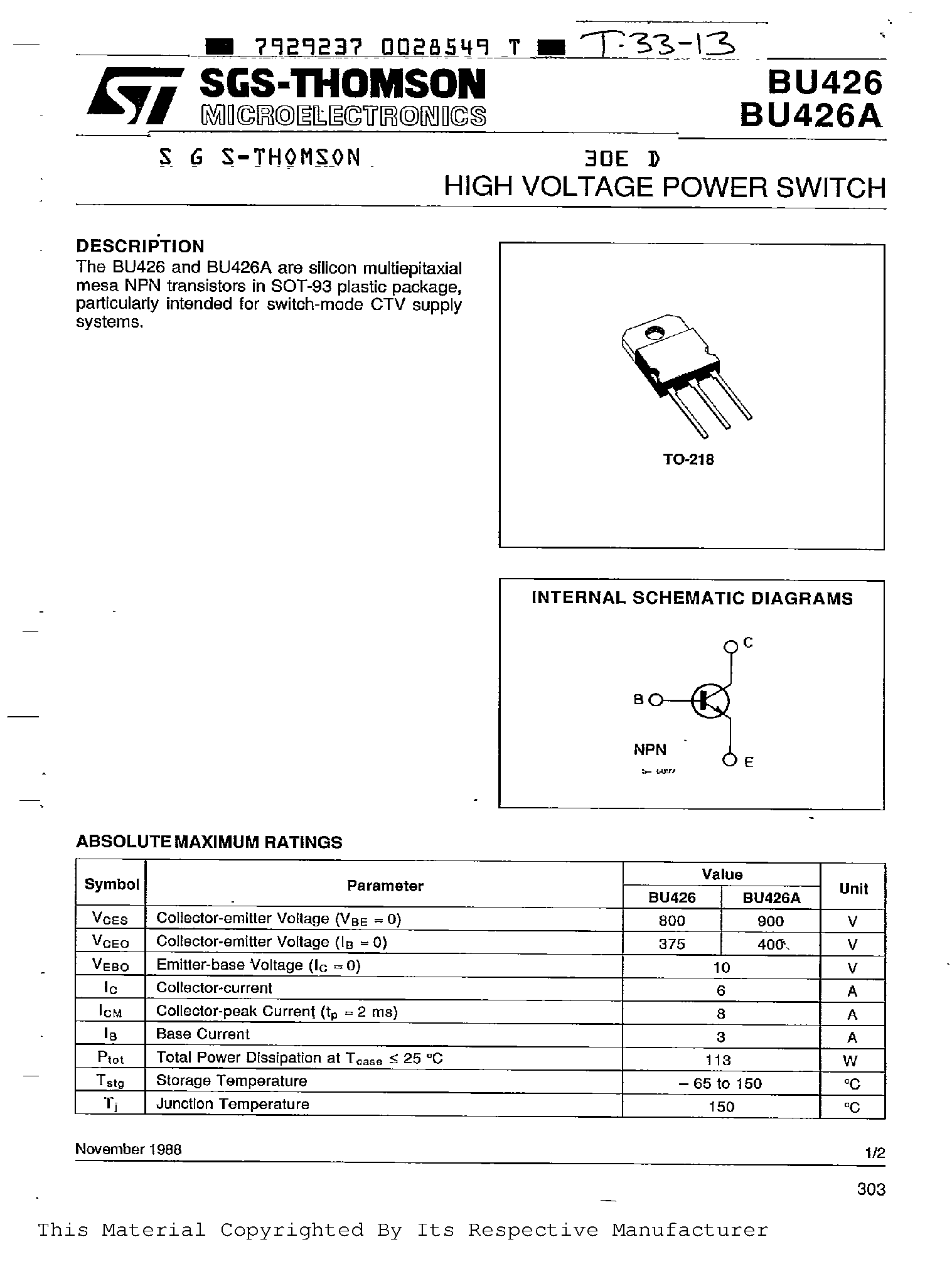 Даташит BU426 - HIGH VOLTAGE POWER SWITCH страница 1