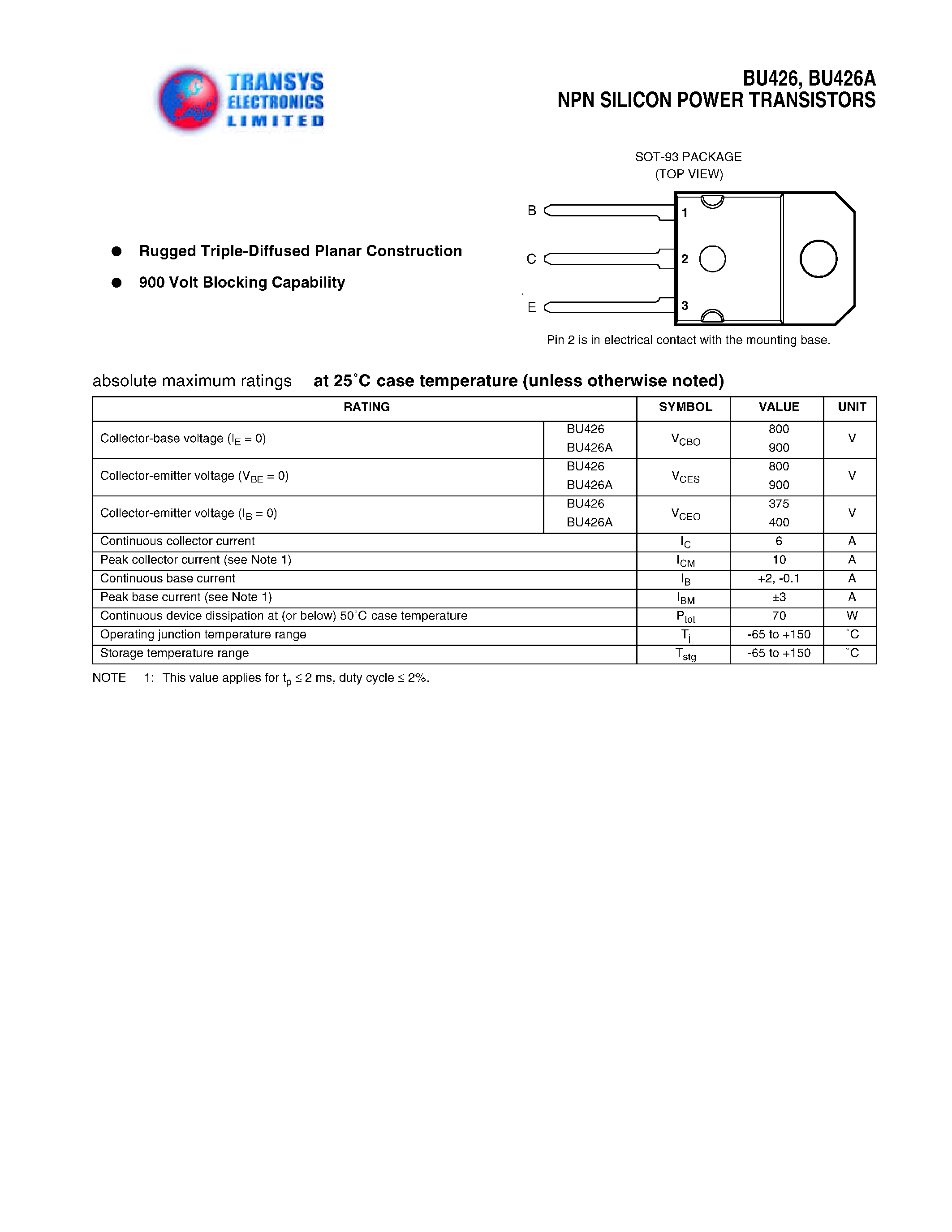 Даташит BU426 - NPN SILICON POWER TRANSISTORS страница 1