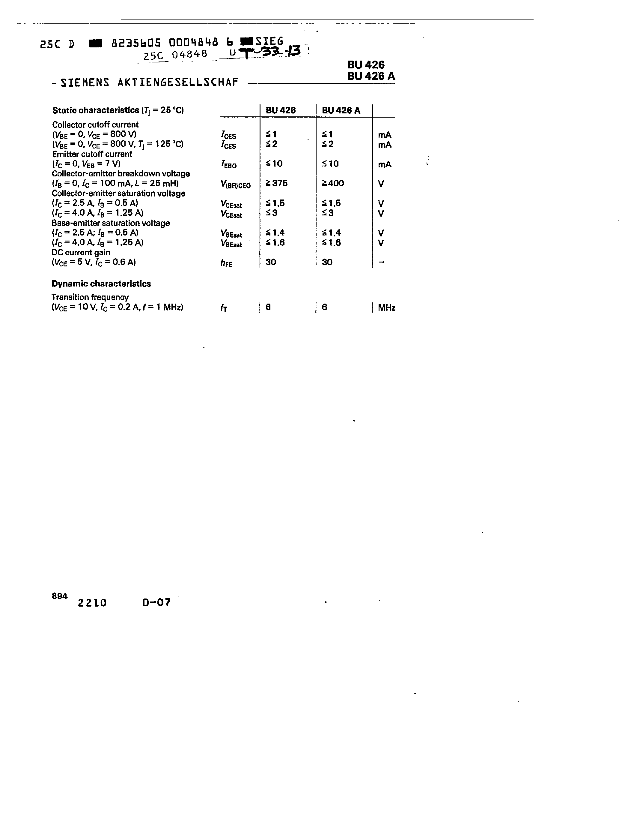 Даташит BU426 - NPN SILICON POWER TRANSISTORS страница 2