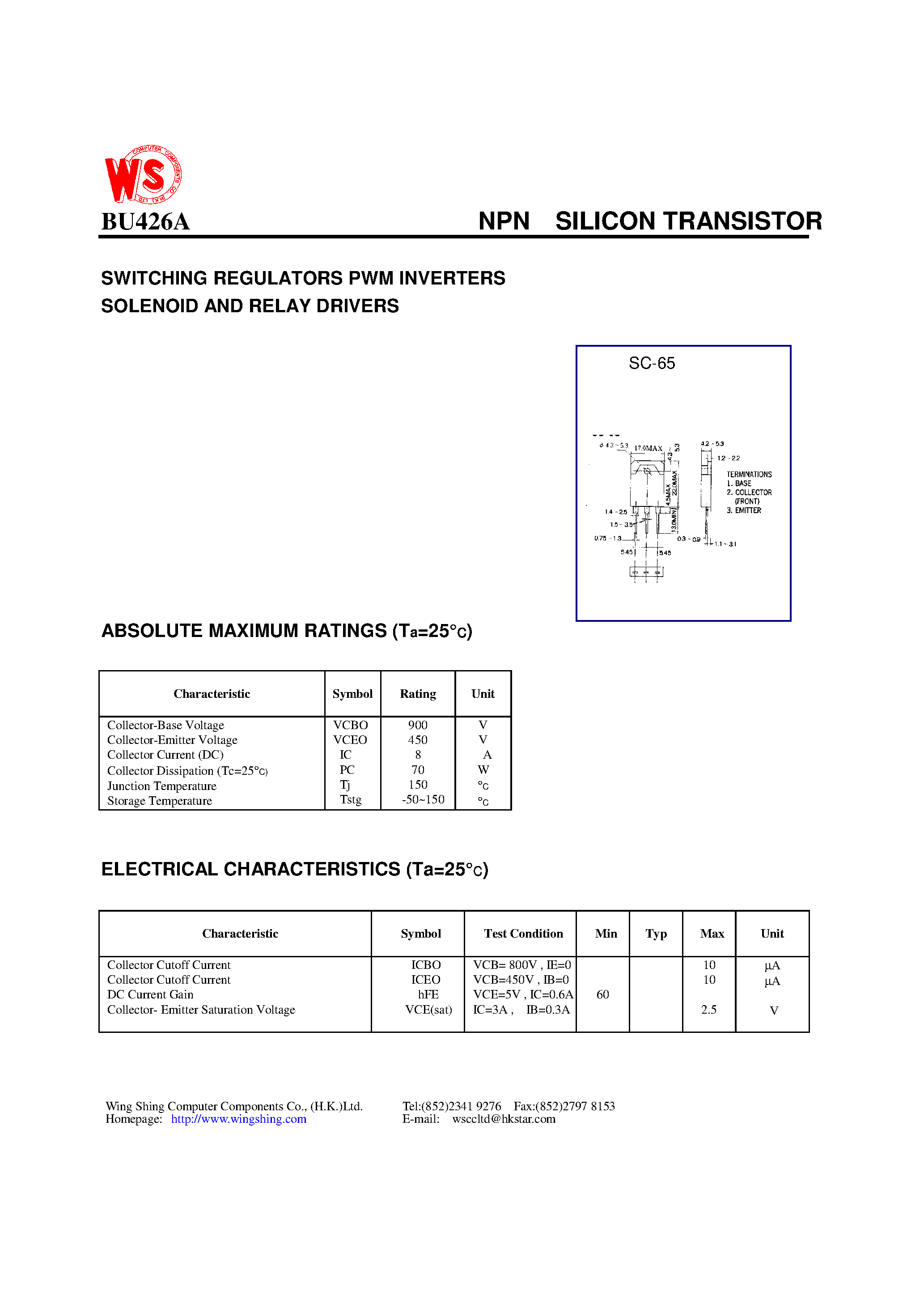 Даташит BU426A - NPN SILICON TRANSISTOR(SWITCHING REGULATORS PWM INVERTERS SOLENOID AND RELAY DRIVERS) страница 1