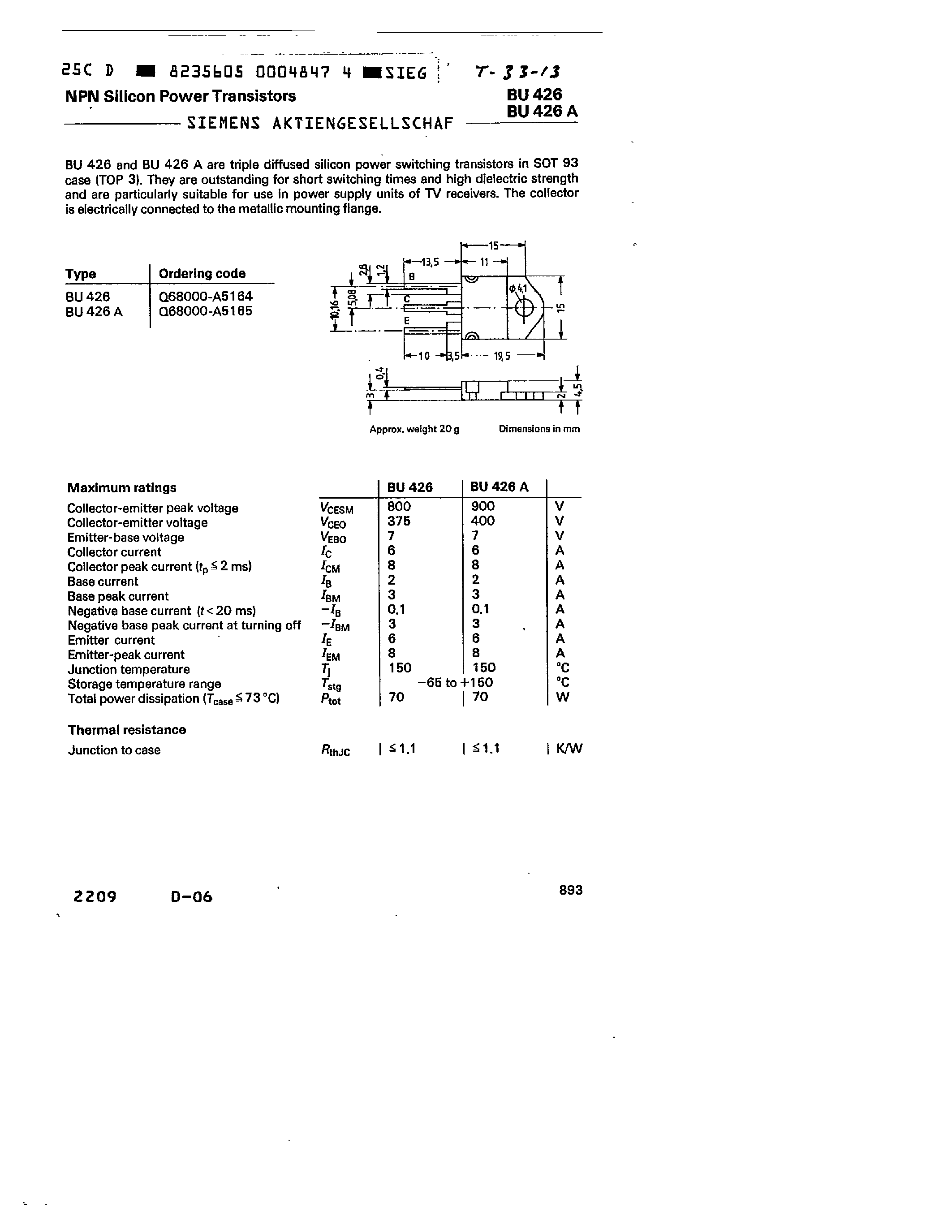 Даташит BU426A - NPN SILICON POWER TRANSISTORS страница 1