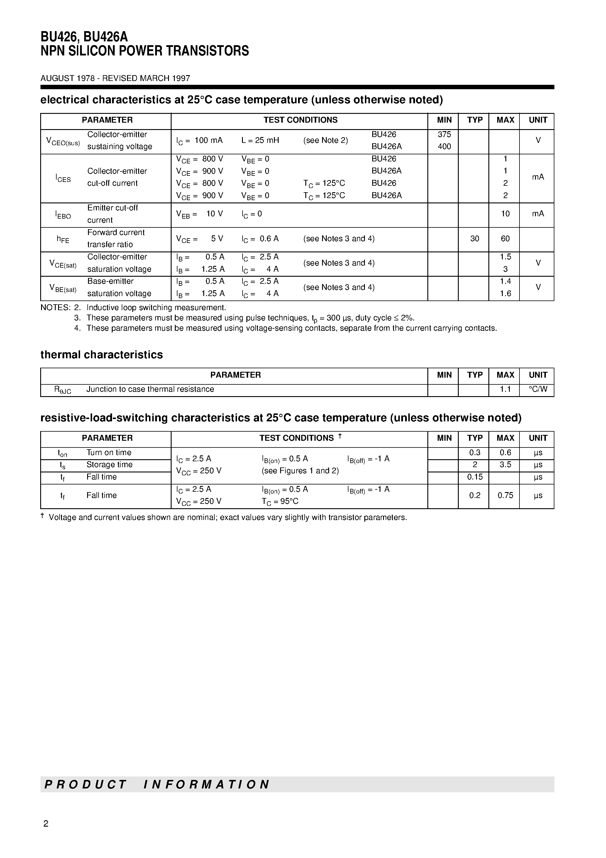 Даташит BU426A - NPN SILICON POWER TRANSISTORS страница 2