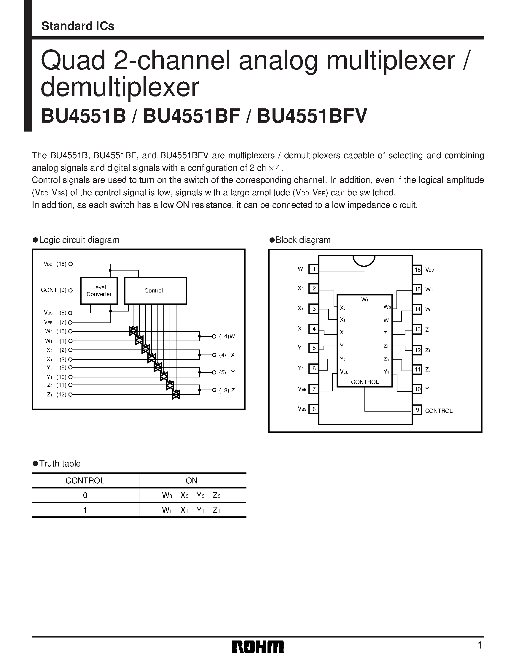 Даташит на микросхему BU4551BF страница 1 Даташит BU4551BF - Quad 2-channel analog multiplexer / demultiplexer страница 1