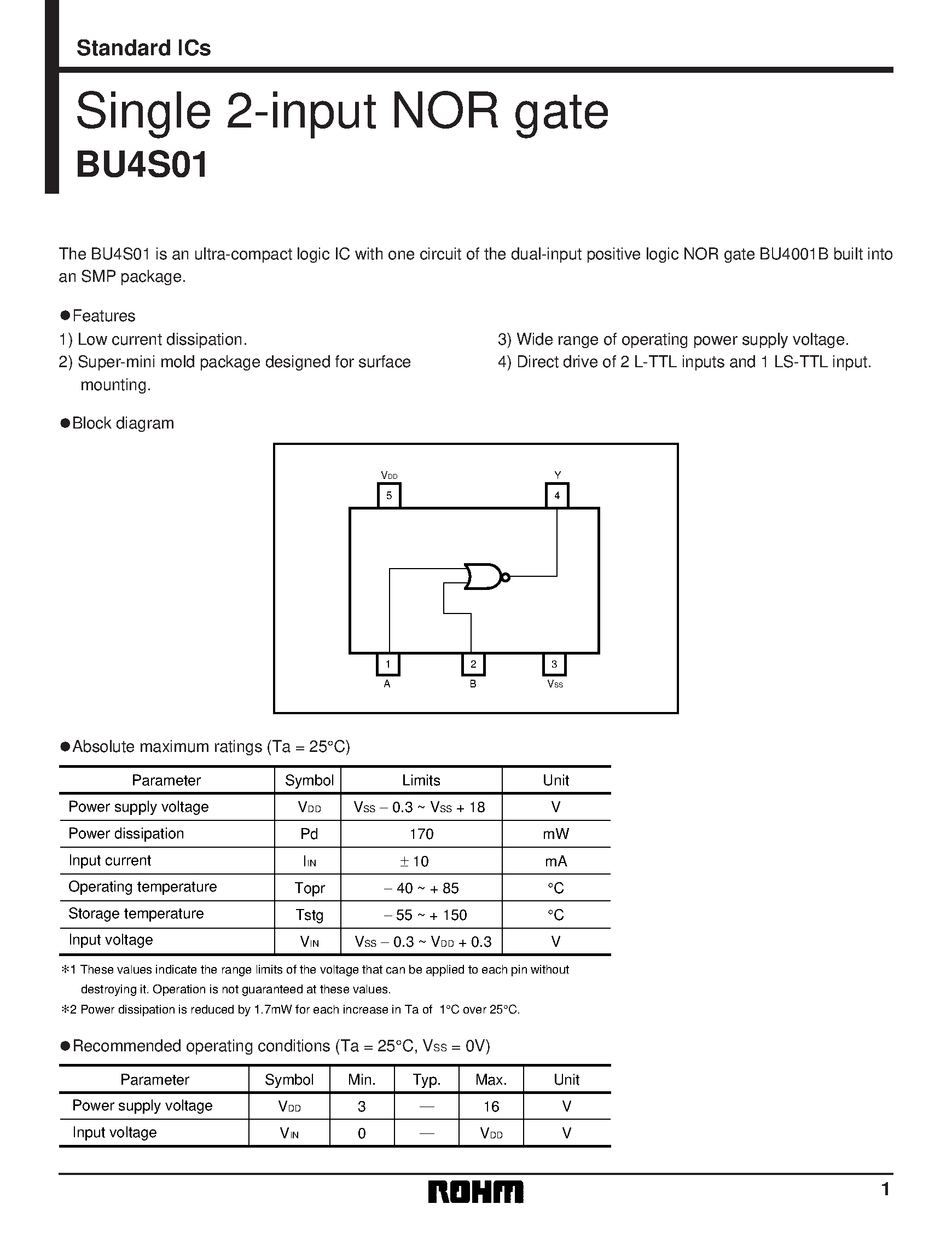 Даташит на микросхему BU4S01 страница 1 Даташит BU4S01 - Single 2-input NOR gate страница 1