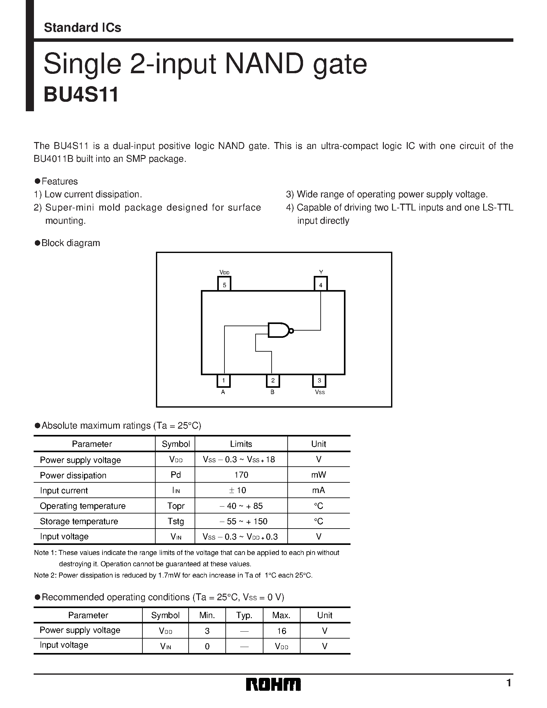 Даташит BU4S11 - Single 2-input NAND gate страница 1