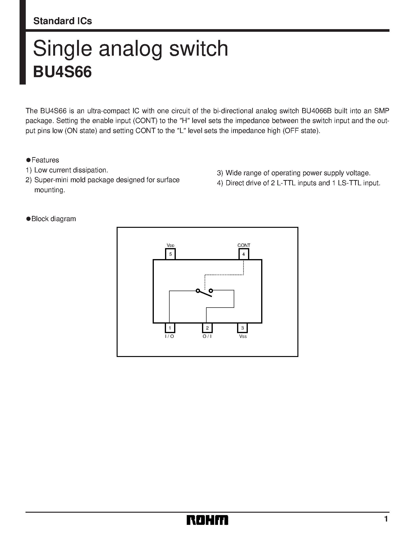 Даташит на микросхему BU4S66 страница 1 Даташит BU4S66 - Single analog switch страница 1