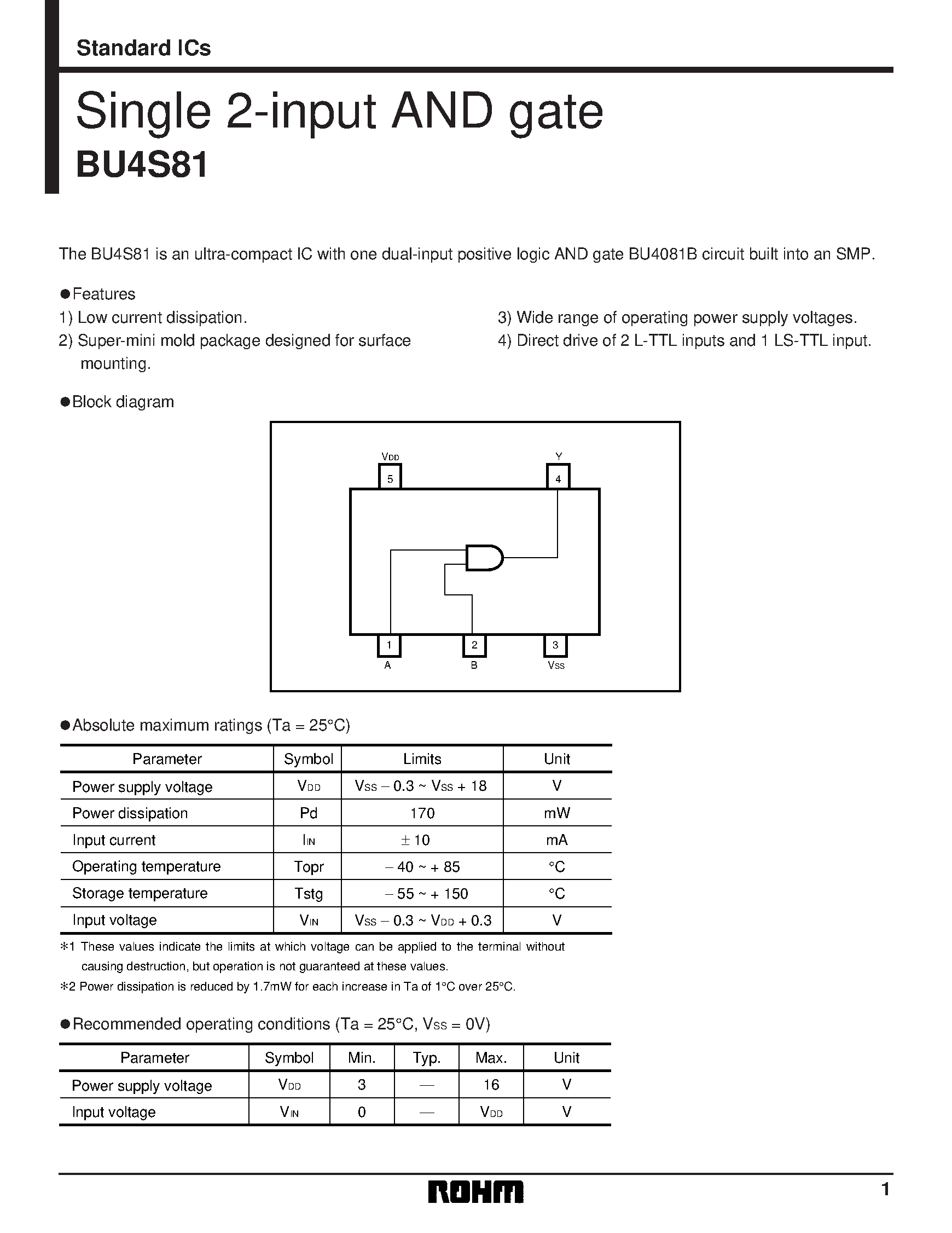 Даташит BU4S81 - Single 2-input AND gate страница 1