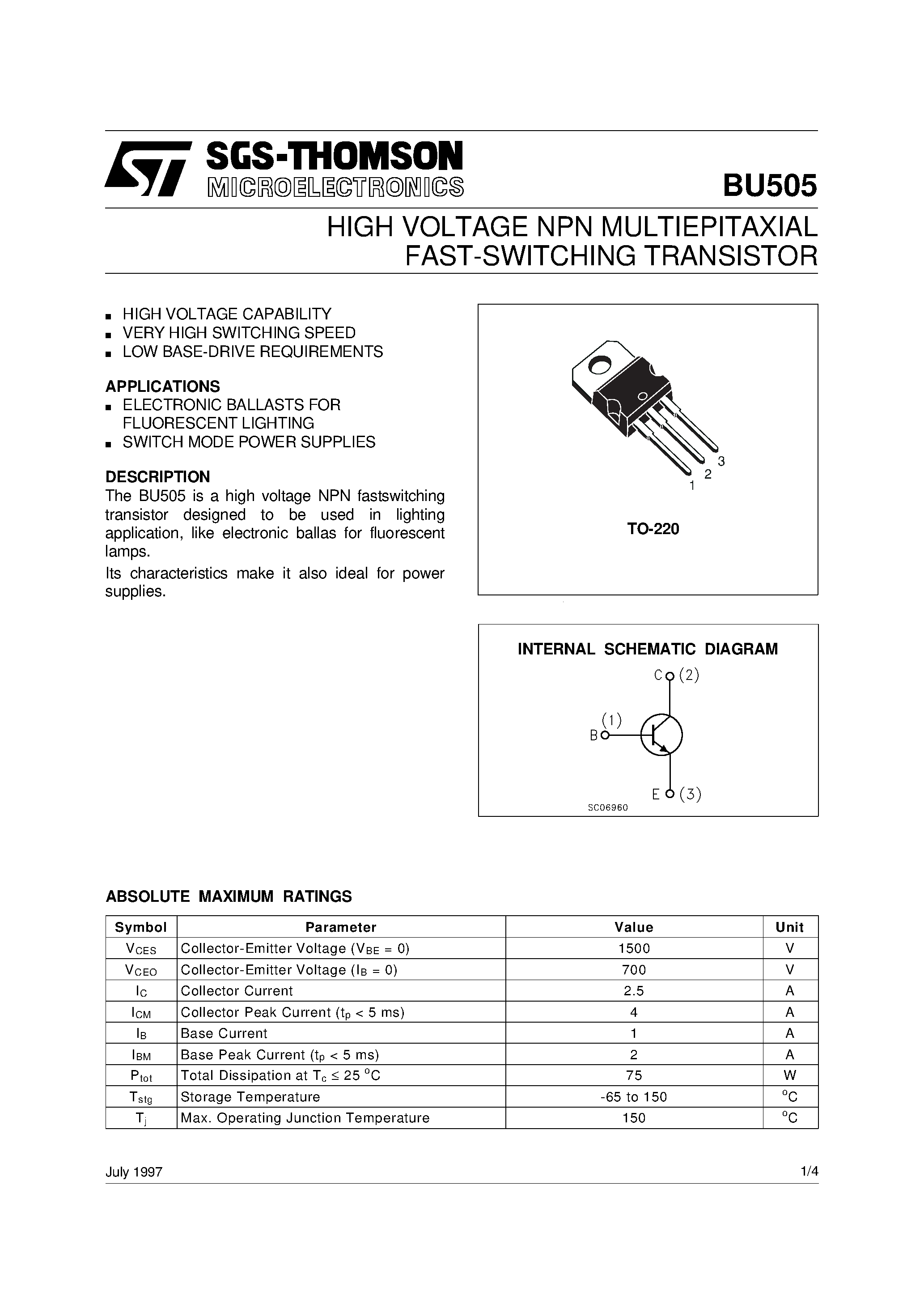 Даташит BU505 - HIGH VOLTAGE NPN MULTIEPITAXIAL FAST-SWITCHING TRANSISTOR страница 1