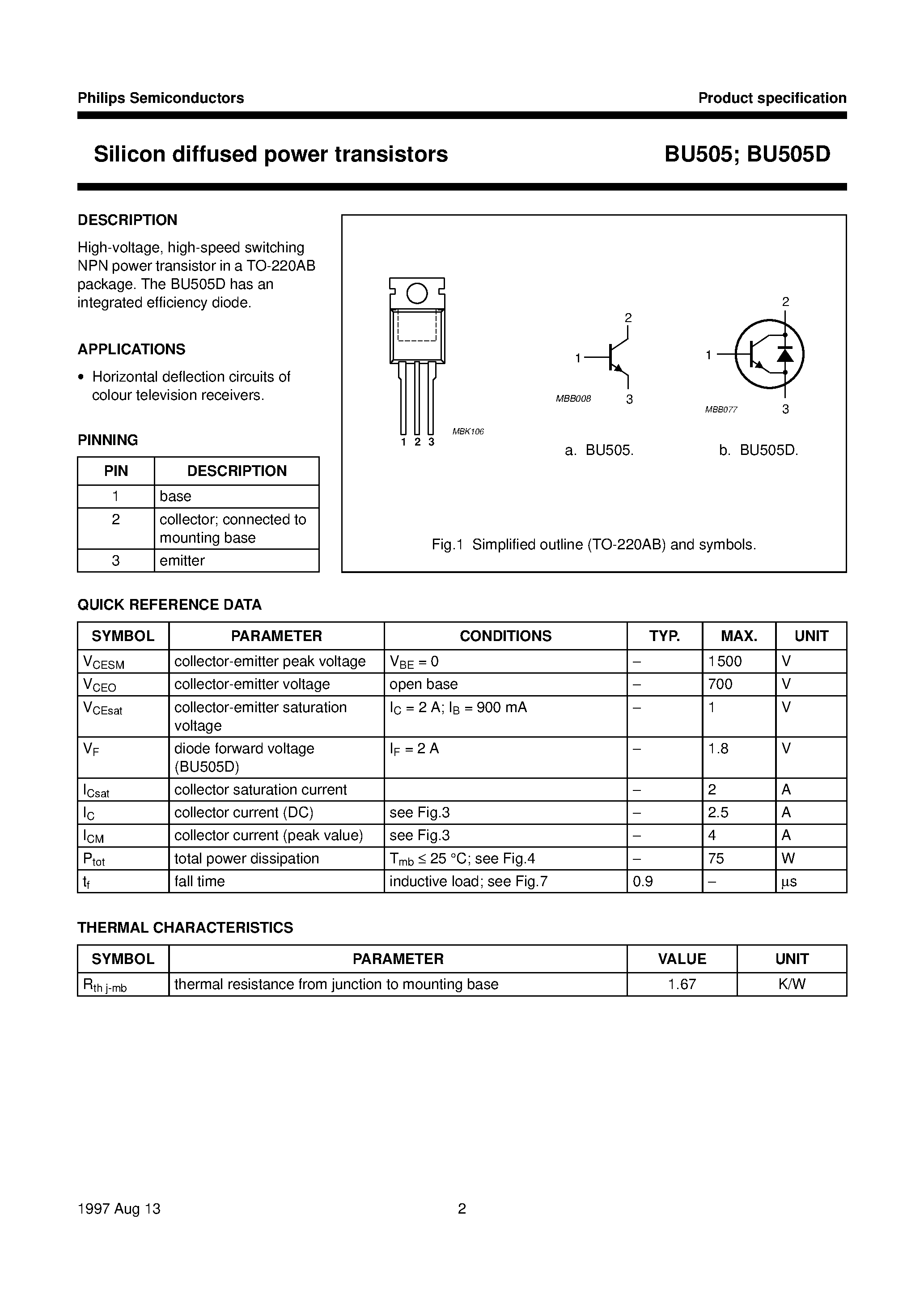 Даташит BU505D - Silicon diffused power transistors страница 2