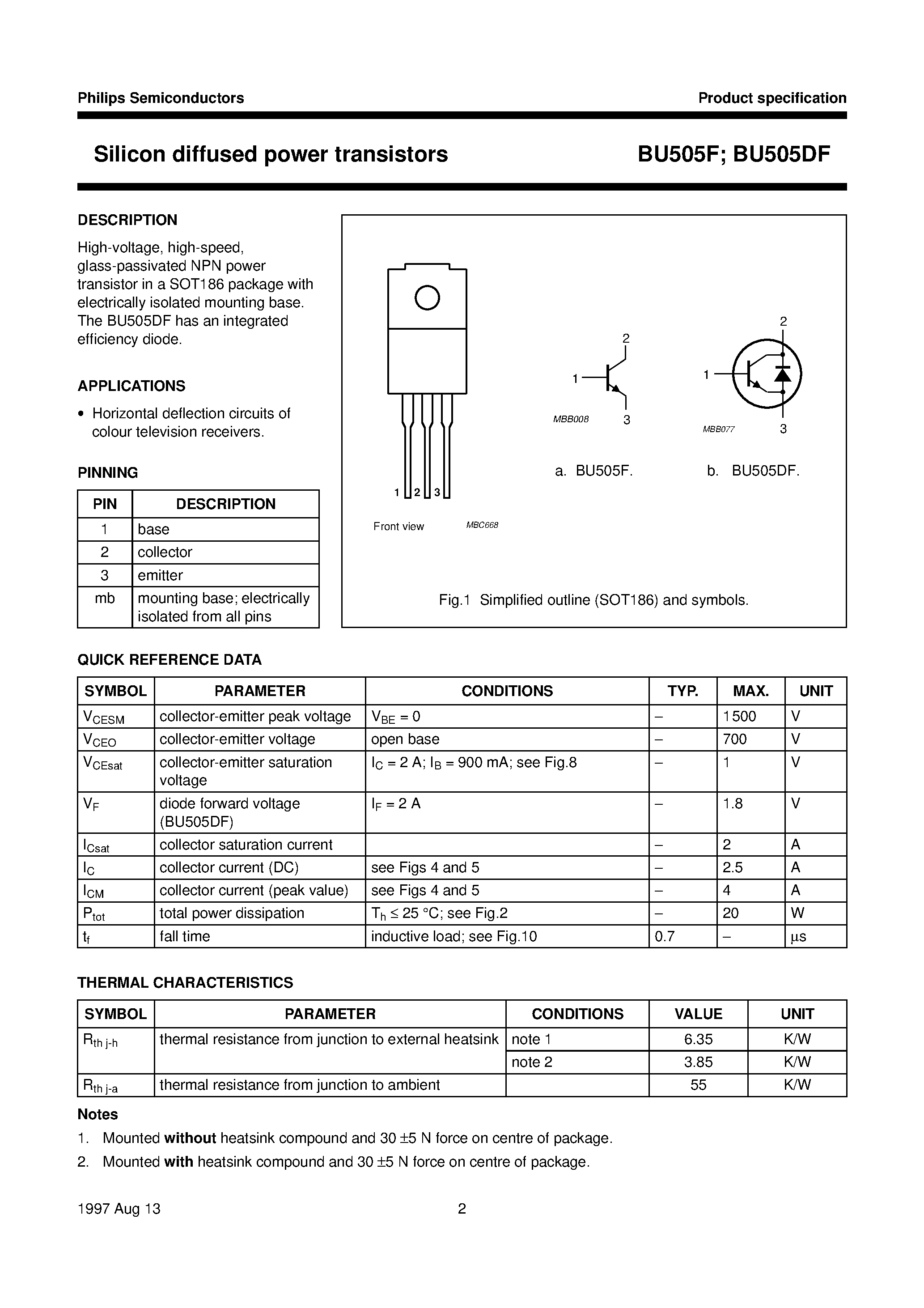 Даташит BU505F - Silicon diffused power transistors страница 2